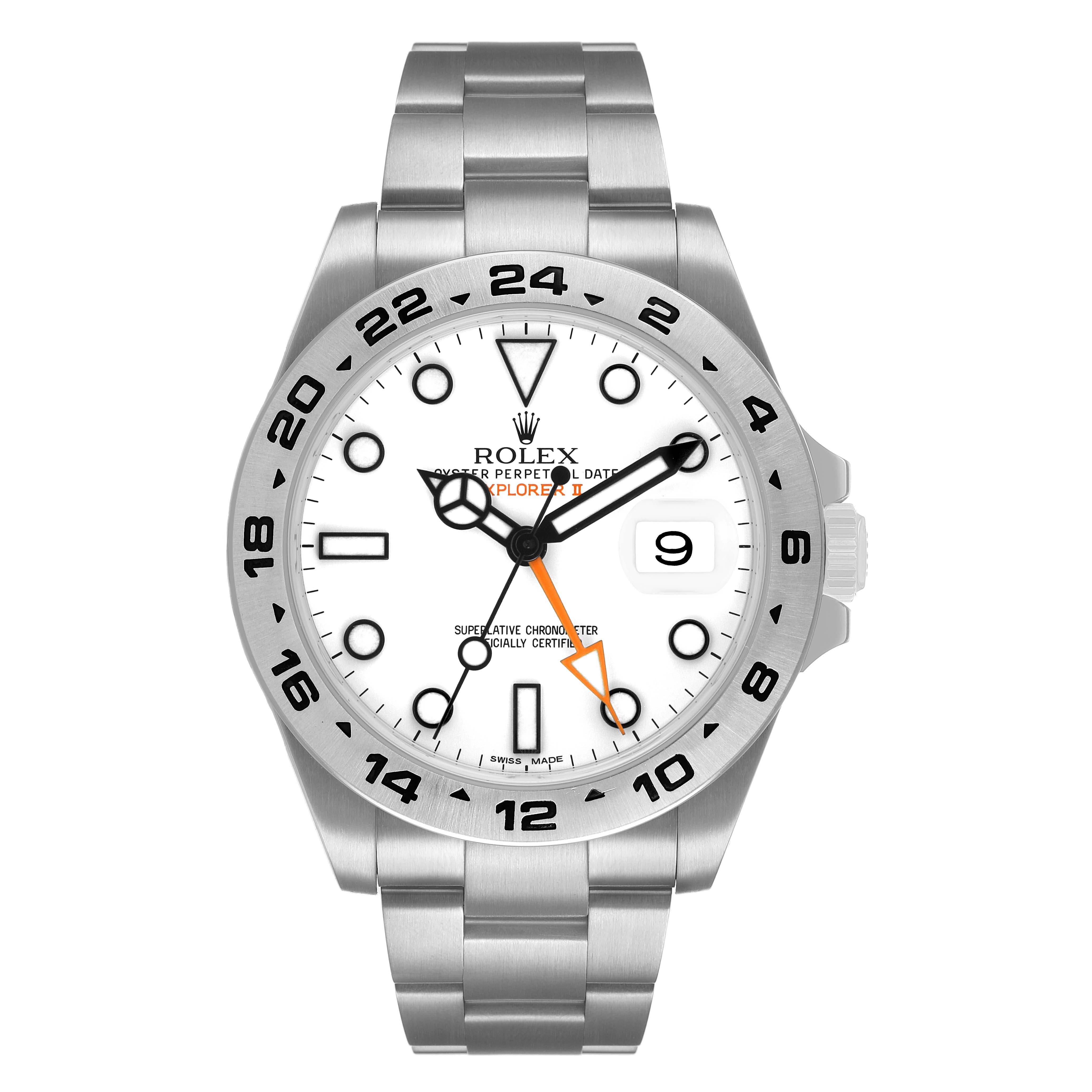 The Rolex Explorer 216570 Men's Stainless Steel White Dial watch is shown from a front view, featuring its dial, bezel, and bracelet.