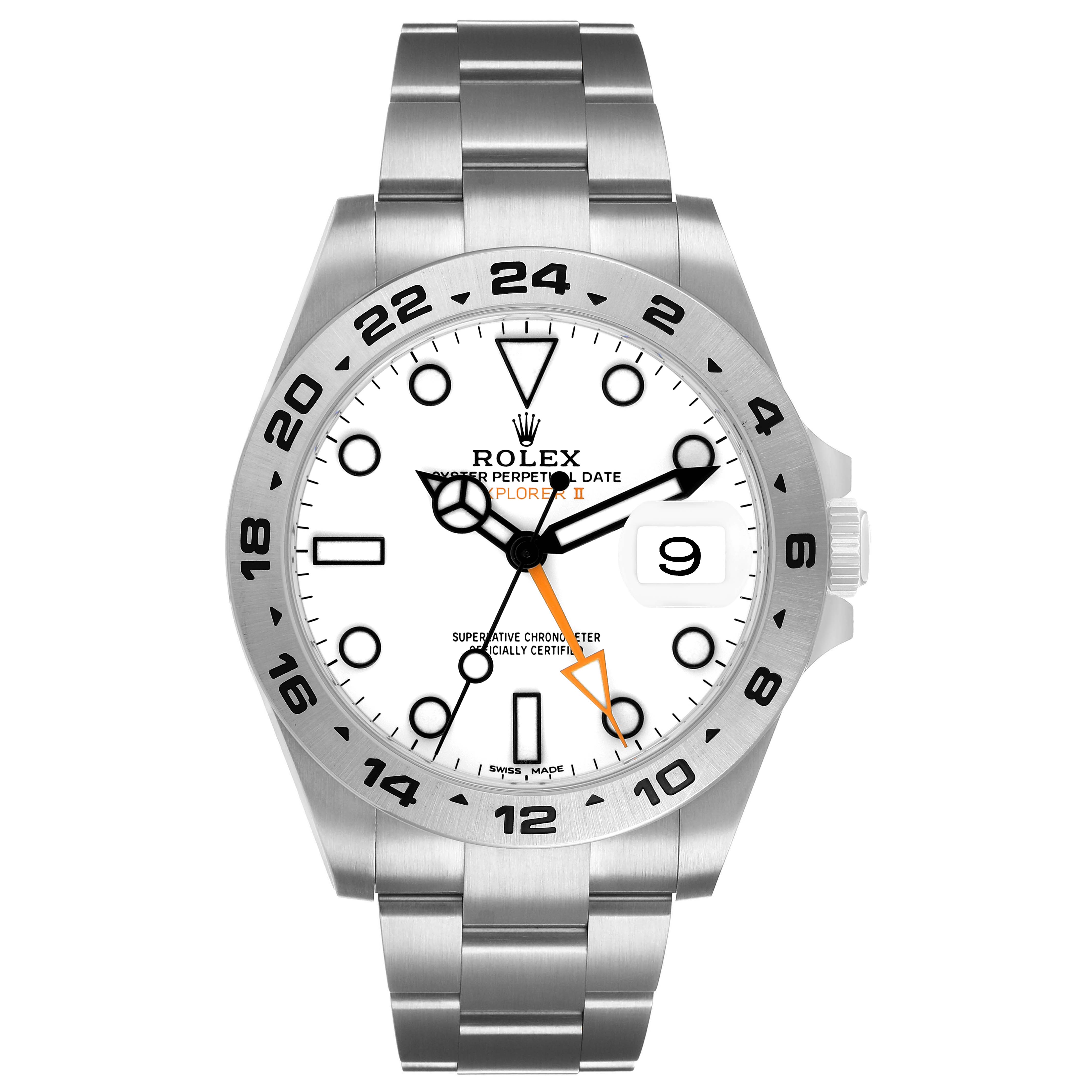 The Rolex Explorer 216570 Men's Stainless Steel White Dial watch is shown from a front angle, displaying the dial, bezel, and bracelet.