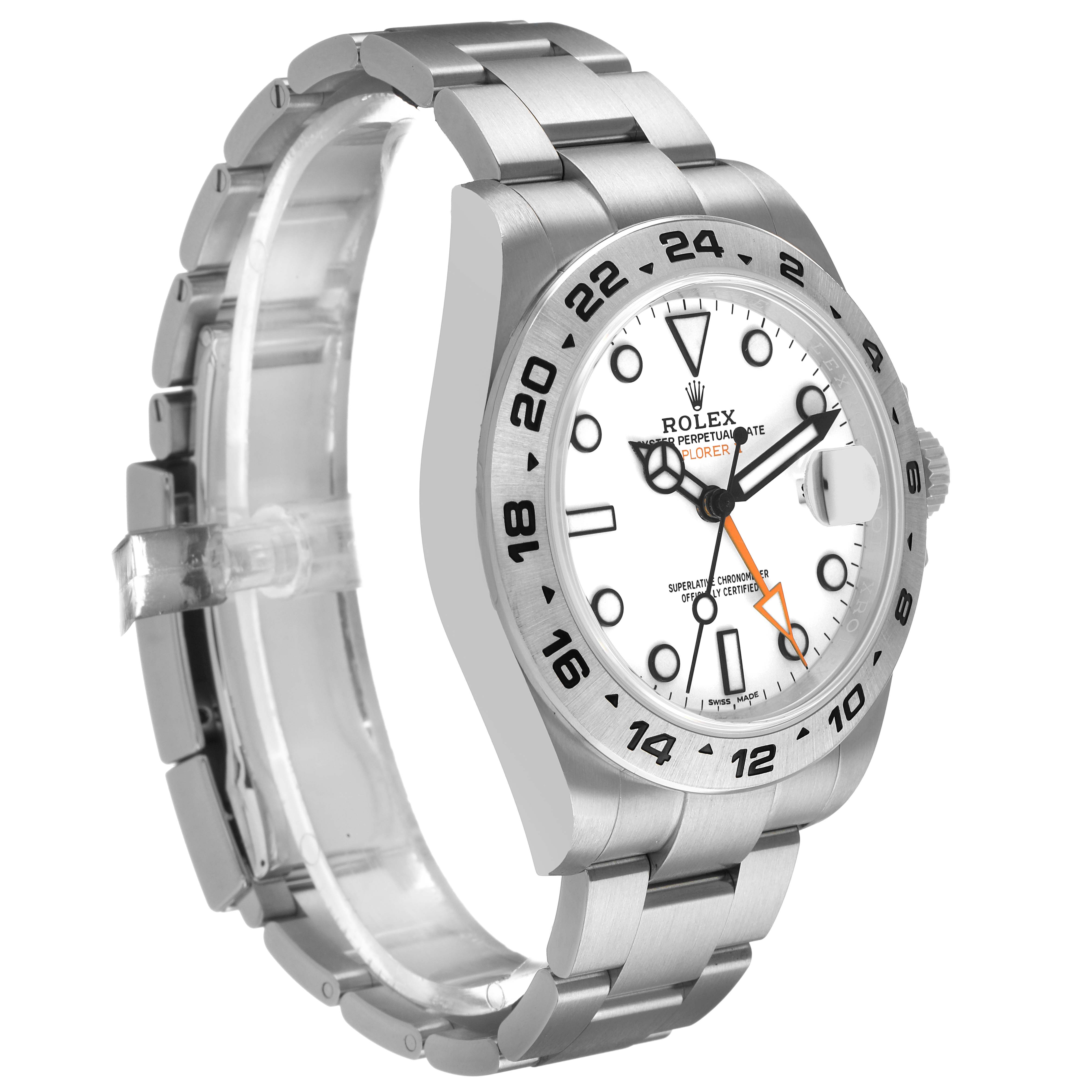 The Rolex Explorer 216570 Men's Stainless Steel White Dial watch is shown at a three-quarter angle, highlighting the bezel, dial, and bracelet.
