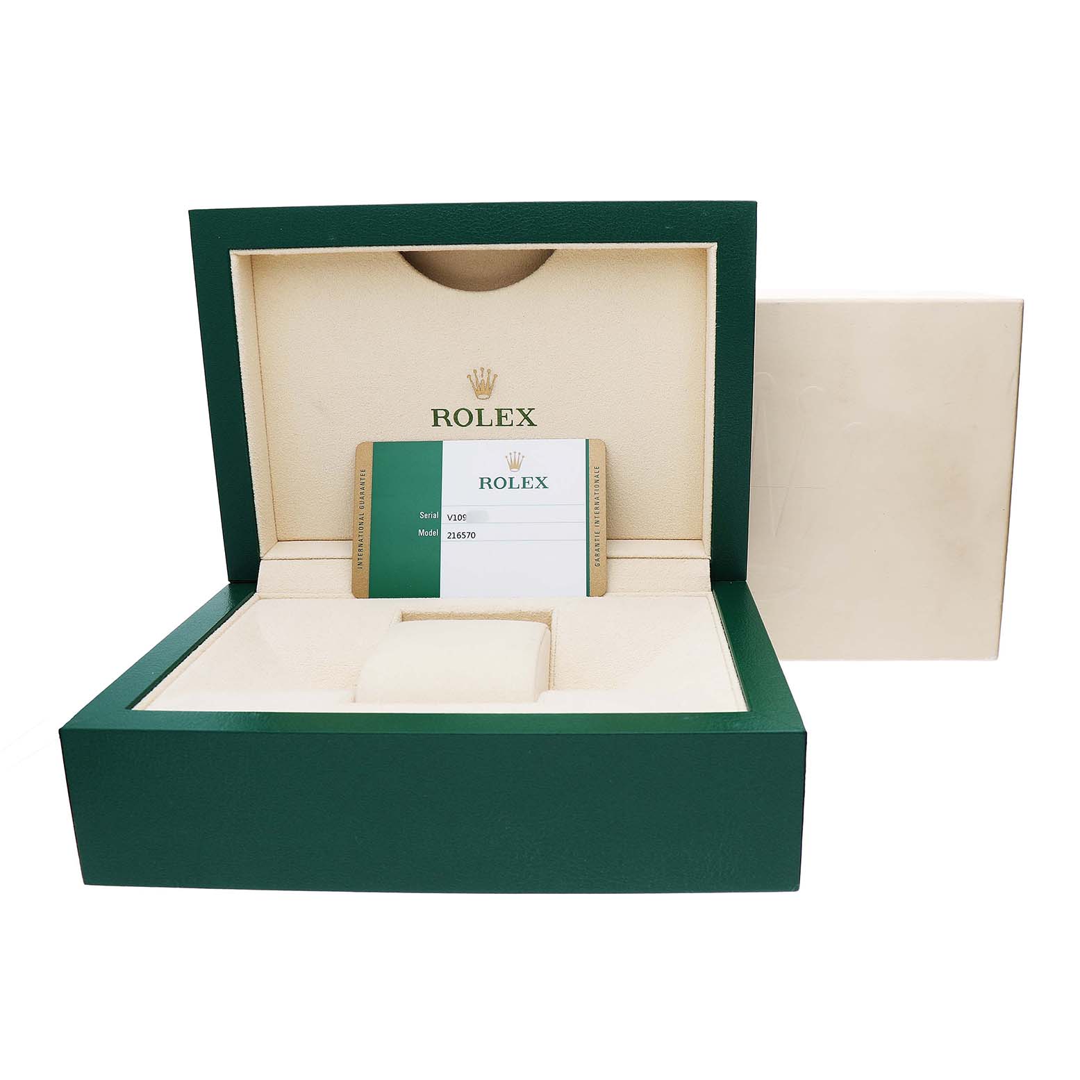 The image shows a Rolex Explorer 216570 Men's Stainless Steel White Dial watch box with a warranty card inside, viewed from the front.