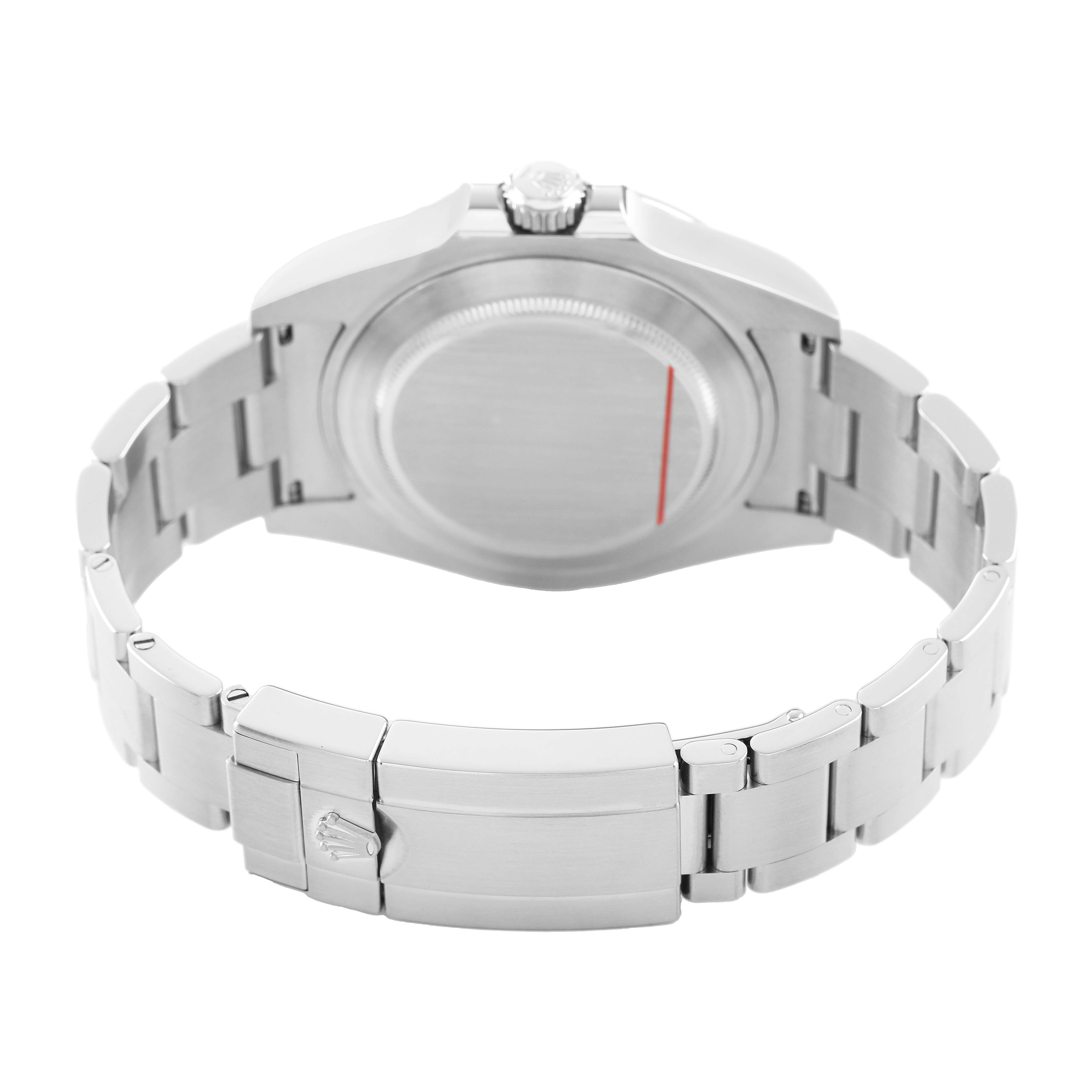 The image shows the back view of a Rolex Explorer 216570 Men's Stainless Steel White Dial, highlighting the case back and clasp of the bracelet.