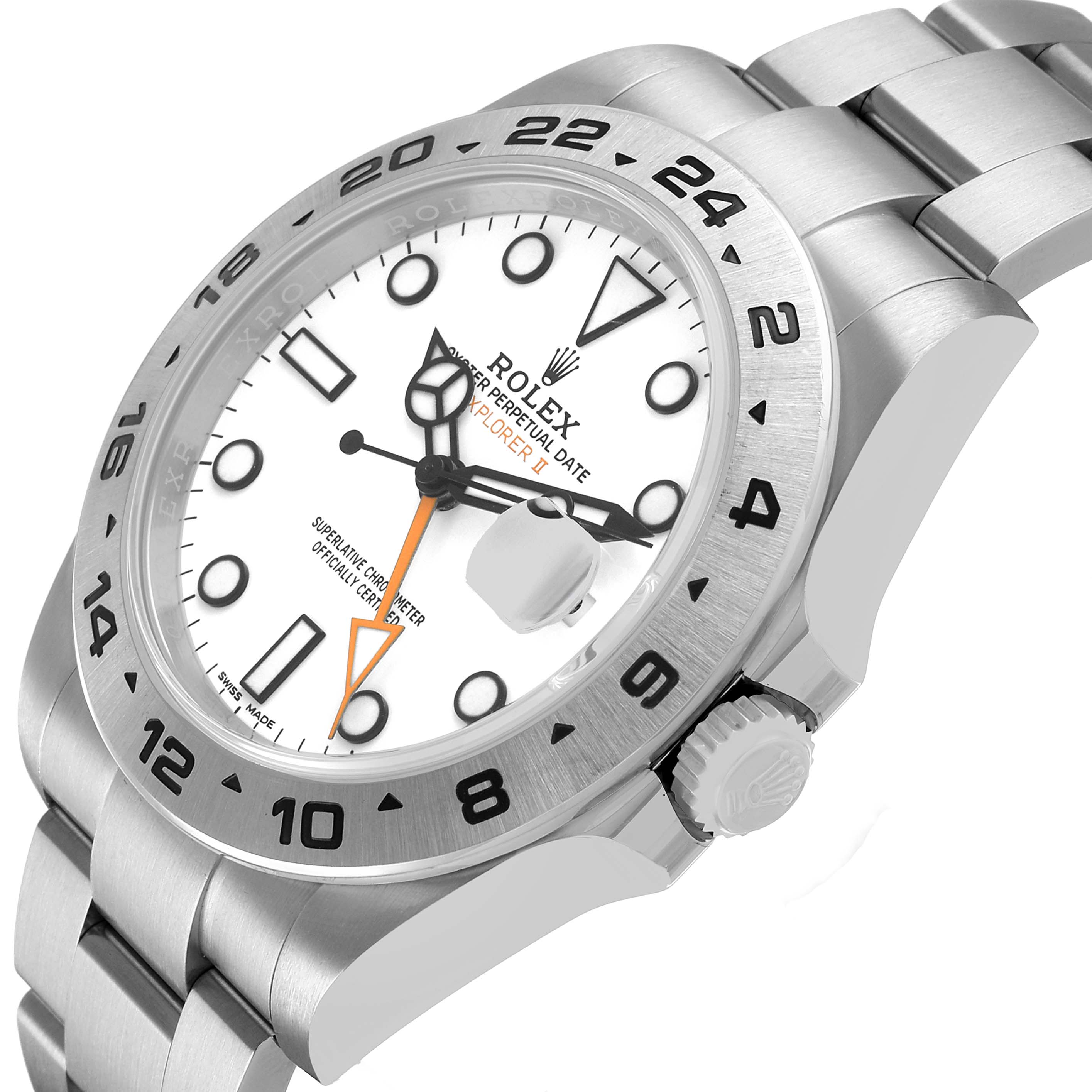 The Rolex Explorer 216570 Men's Stainless Steel White Dial watch is shown from a slightly angled side view, highlighting the dial, bezel, and bracelet.