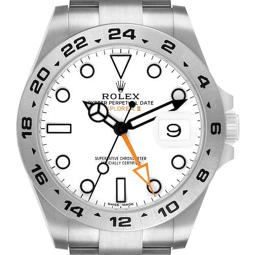 The Rolex Explorer 216570 Men's Stainless Steel White Dial II watch is shown from the front, highlighting the dial, bezel, and winding crown.