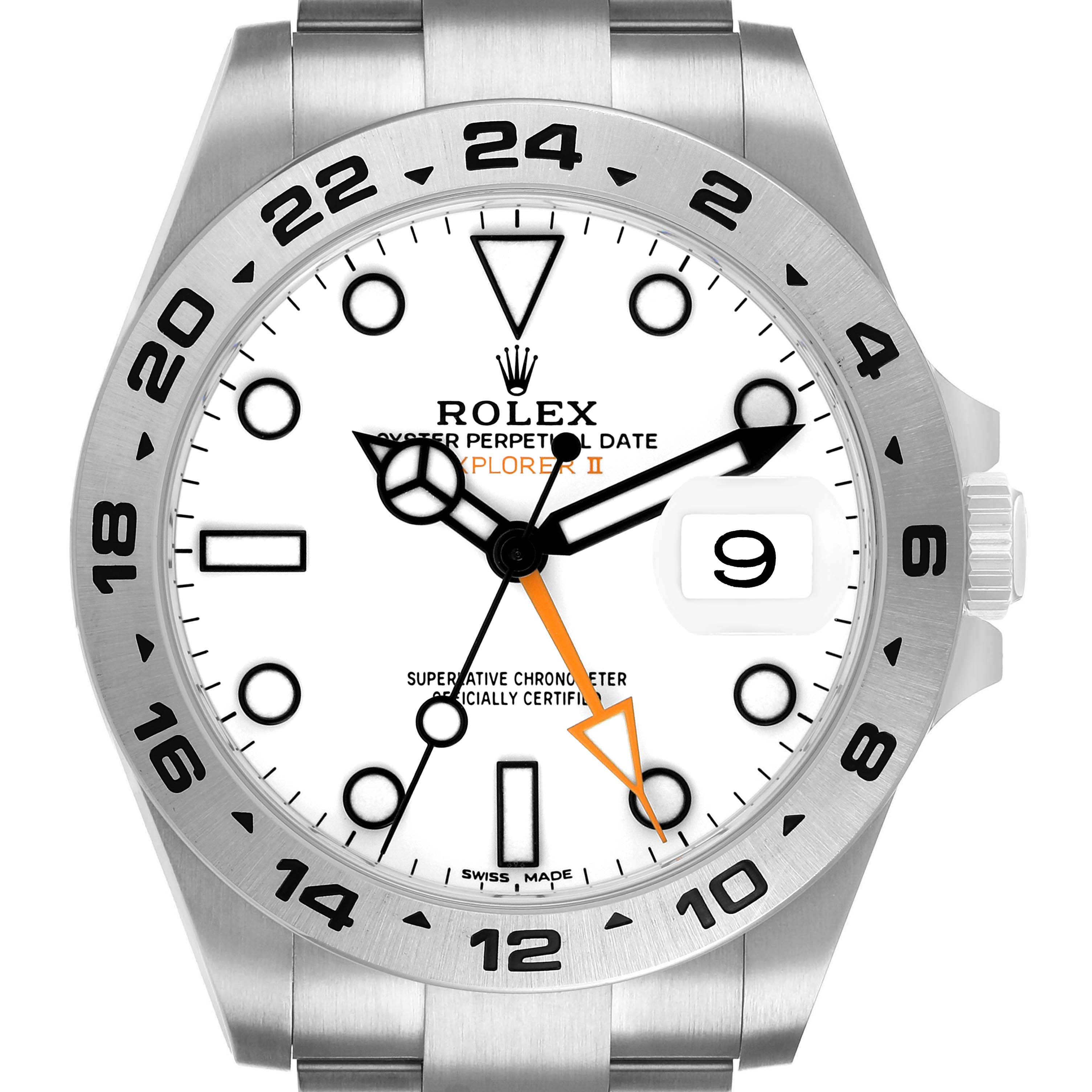 The Rolex Explorer 216570 Men's Stainless Steel White Dial II watch is shown from a front angle, highlighting the dial, bezel, and part of the bracelet.