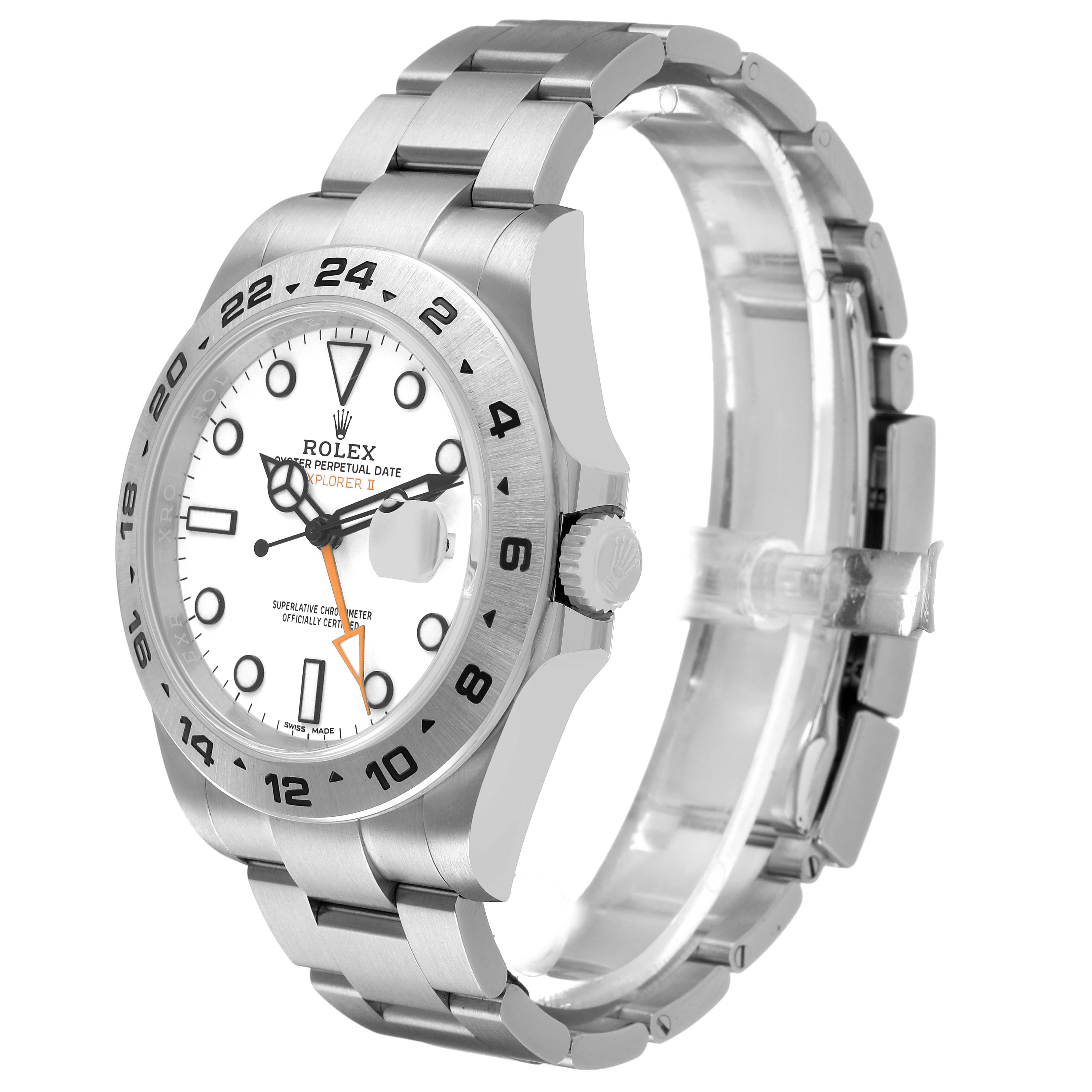 The Rolex Explorer 216570 Men's Stainless Steel White Dial watch is shown at a slight angle, highlighting the bezel, dial, crown, and bracelet.