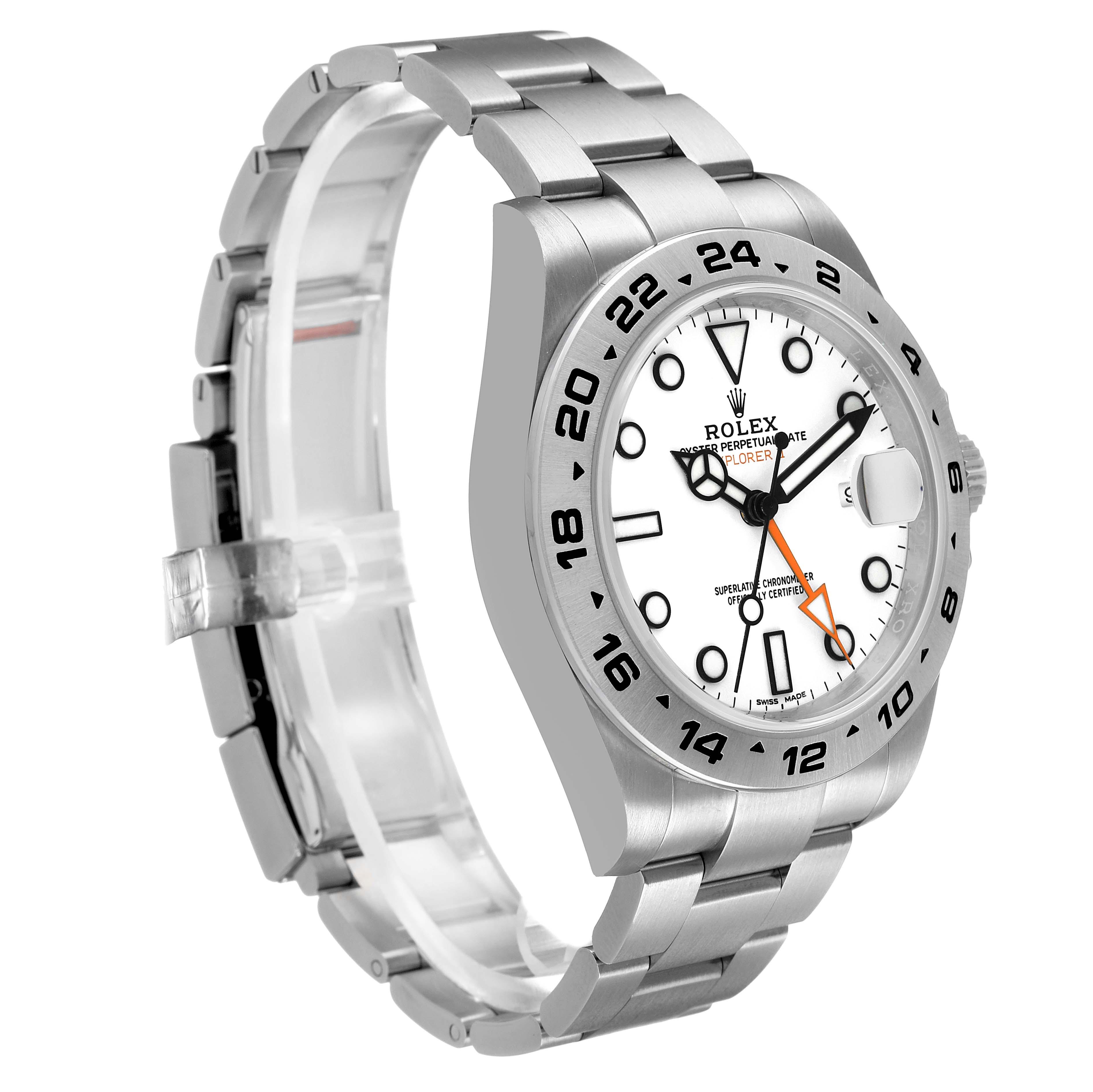 The Rolex Explorer 216570 Men's Stainless Steel White Dial watch is shown at a slight side angle, highlighting the face, bezel, and band.