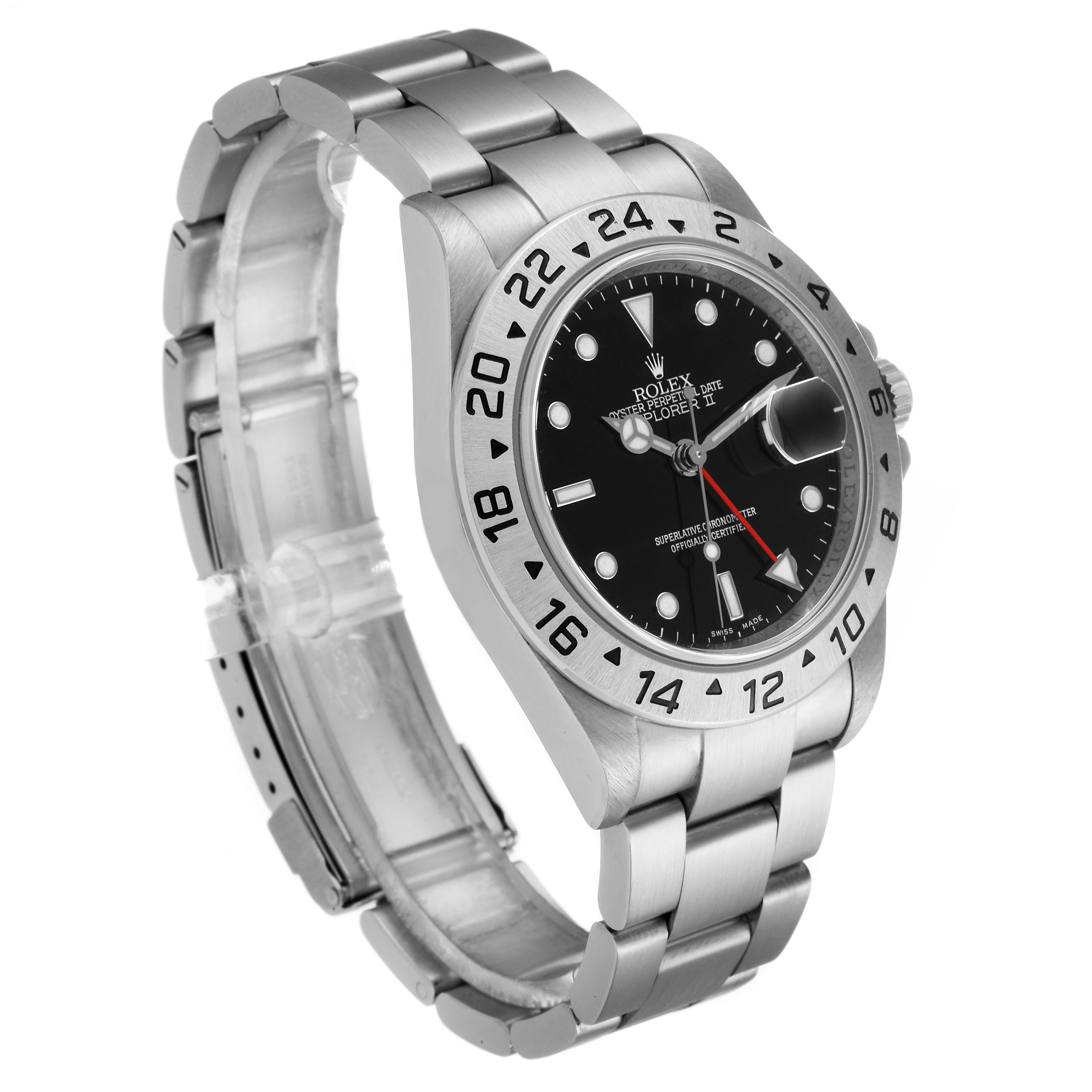This image shows a side-angle view of a Rolex Explorer 16570 Men
s Stainless Steel Black Dial 16570 Men
s Stainless Steel Black Dial watch, including its bezel, face, crown, and bracelet.