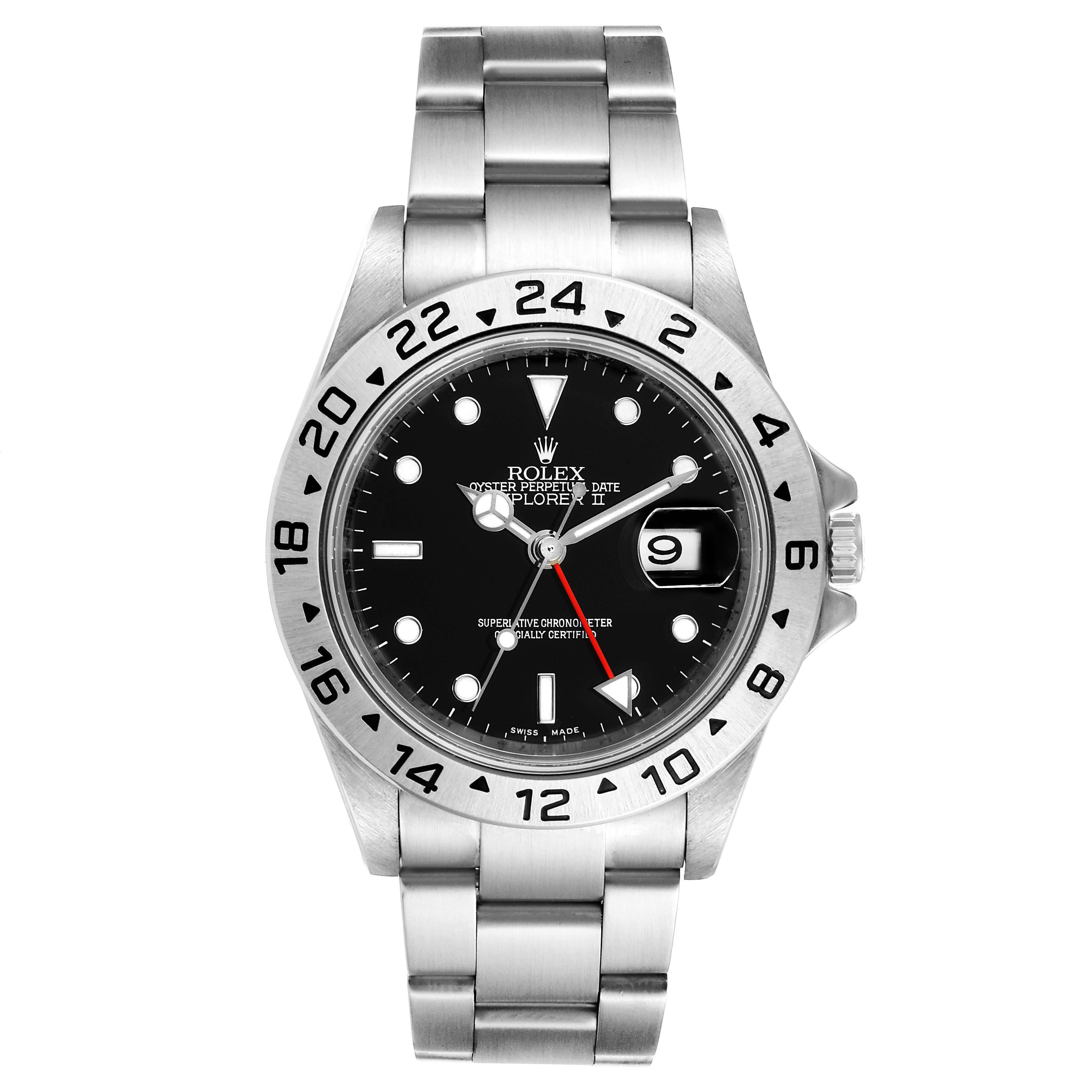 The image shows a front view of the Rolex Explorer 16570 Men
s Stainless Steel Black Dial 16570 Men
s Stainless Steel Black Dial watch, displaying its dial, bezel, and stainless steel bracelet.