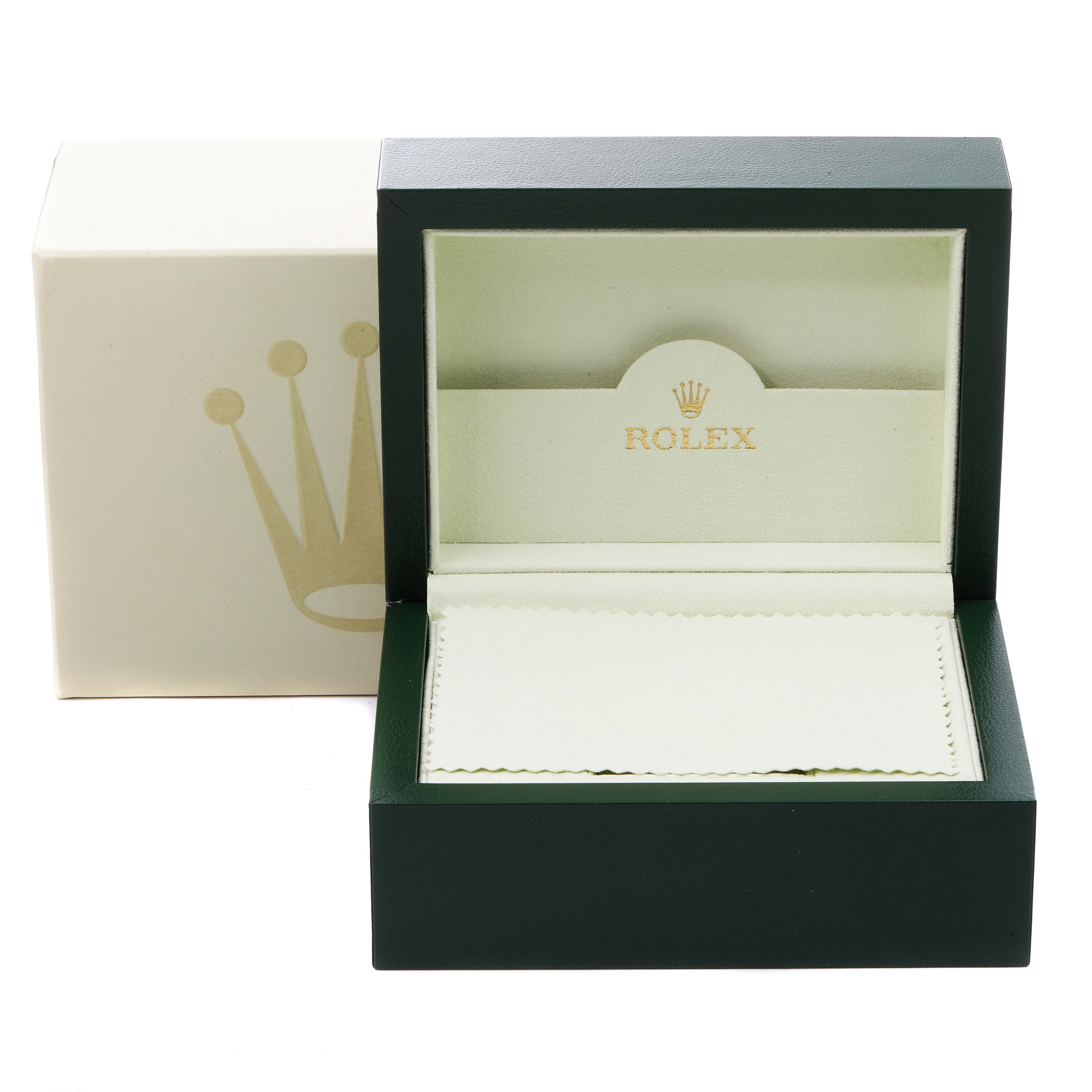 The image shows the open box and packaging for a Rolex Explorer 16570 Men
s Stainless Steel Black Dial 16570 Men
s Stainless Steel Black Dial watch, highlighting the brand
s signature green and gold accent.