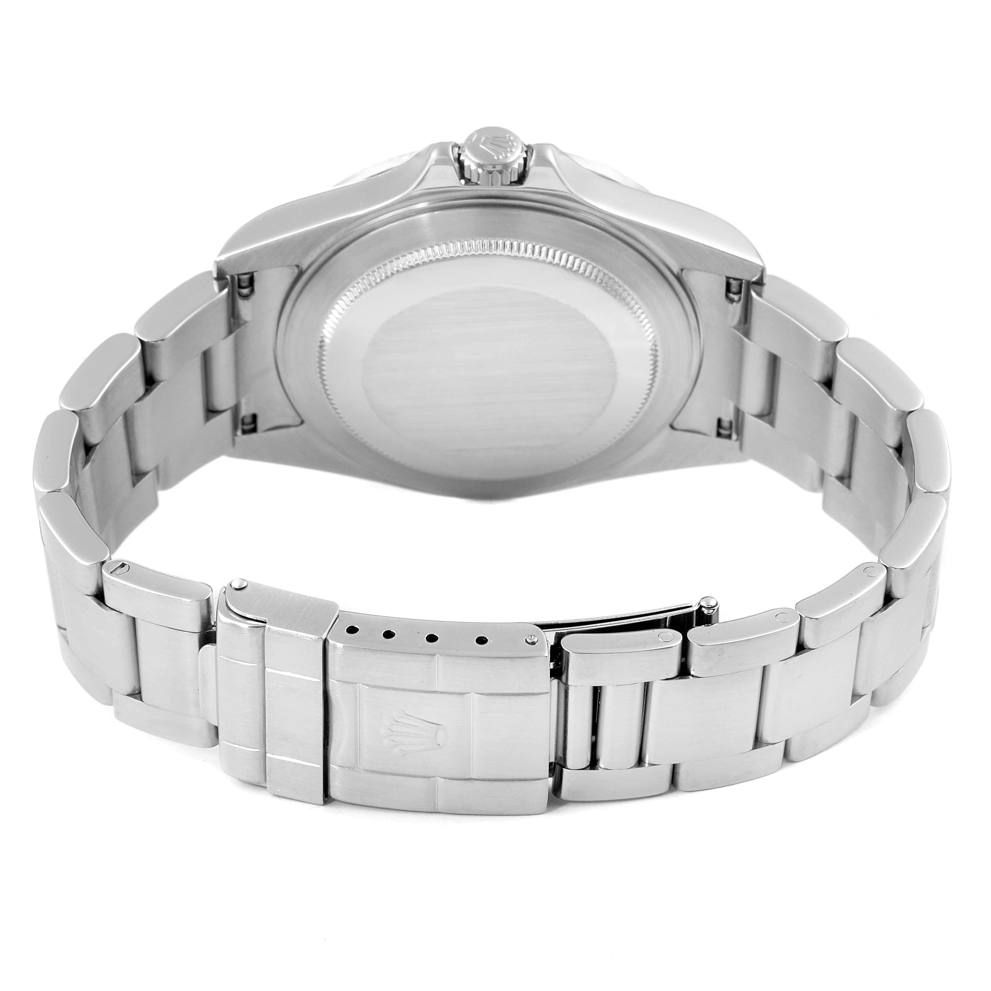 This image shows the back view of the Rolex Explorer 16570 Men
s Stainless Steel Black Dial 16570 Men
s Stainless Steel Black Dial watch, highlighting the case back, bracelet, and clasp features.