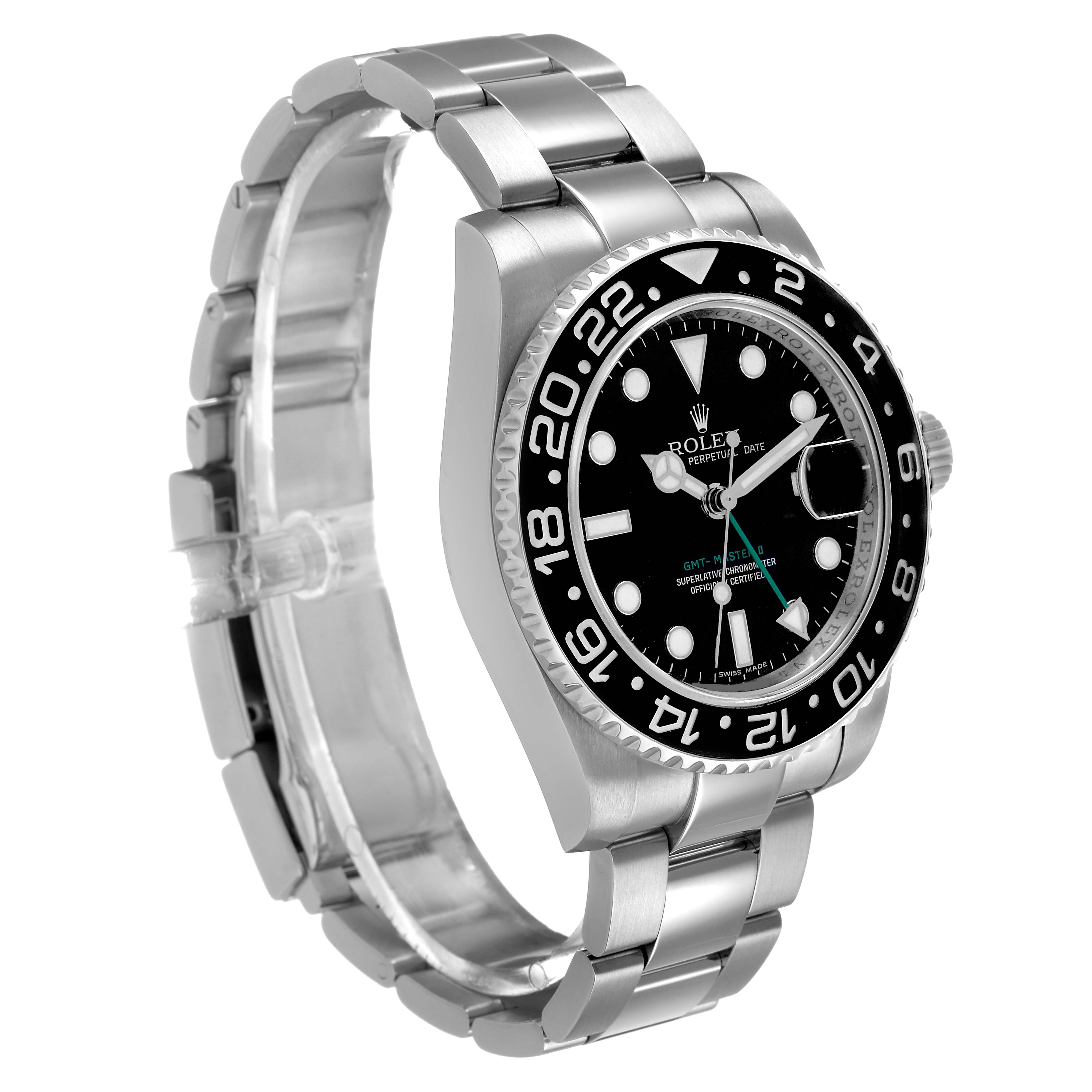 The Rolex GMT-Master 116710 Men's Stainless Steel Black Dial is shown from a three-quarter angle, highlighting the bezel, dial, bracelet, and side profile.