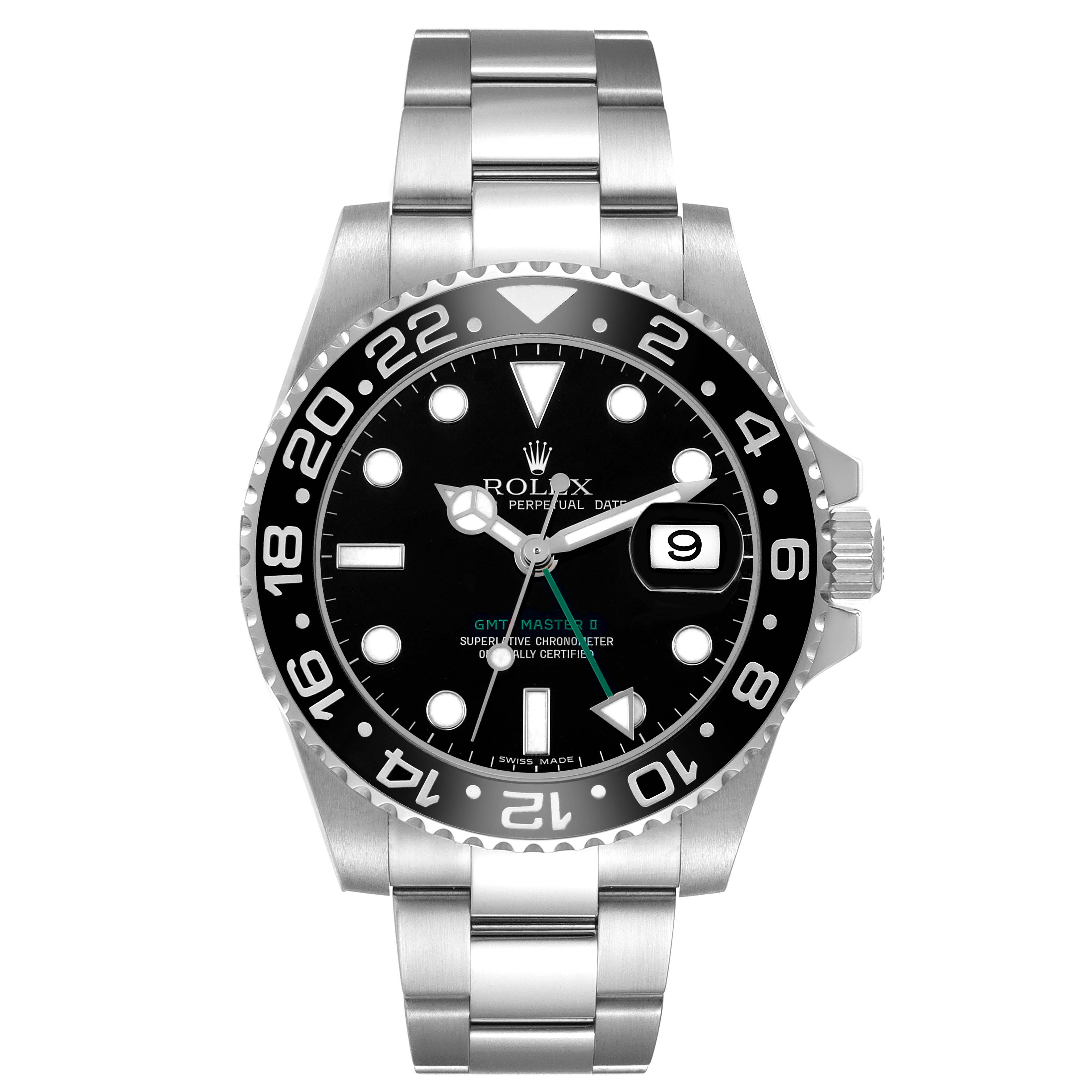 The Rolex GMT-Master 116710 Men's Stainless Steel Black Dial watch is shown from the front, displaying its face, bezel, and bracelet.
