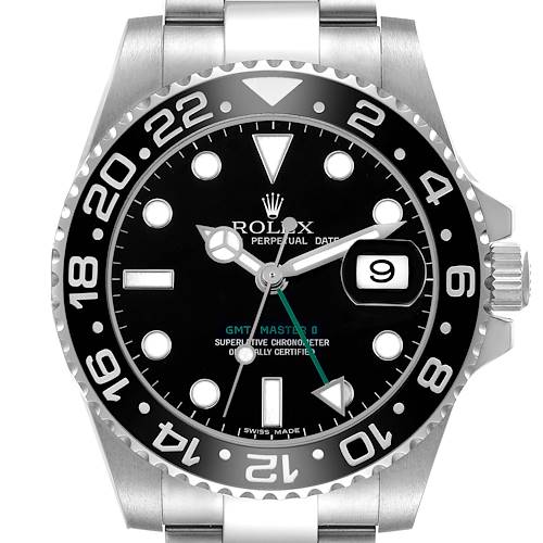 The image shows a frontal view of a Rolex GMT-Master 116710 Men's Stainless Steel Black Dial II, highlighting the bezel, dial, and date window.