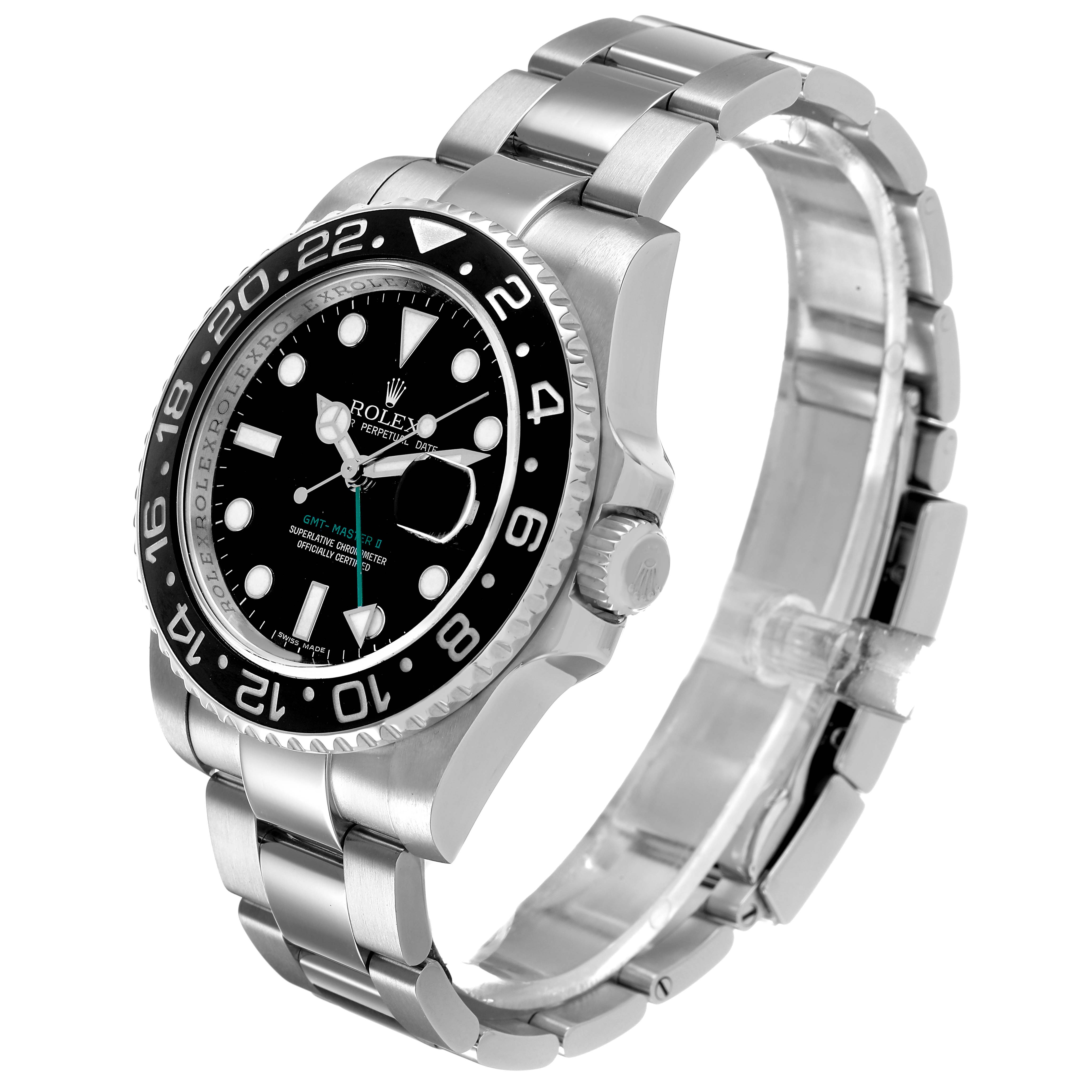 The Rolex GMT-Master 116710 Men's Stainless Steel Black Dial watch is shown at a 3/4 angle, displaying the dial, bezel, crown, and bracelet.