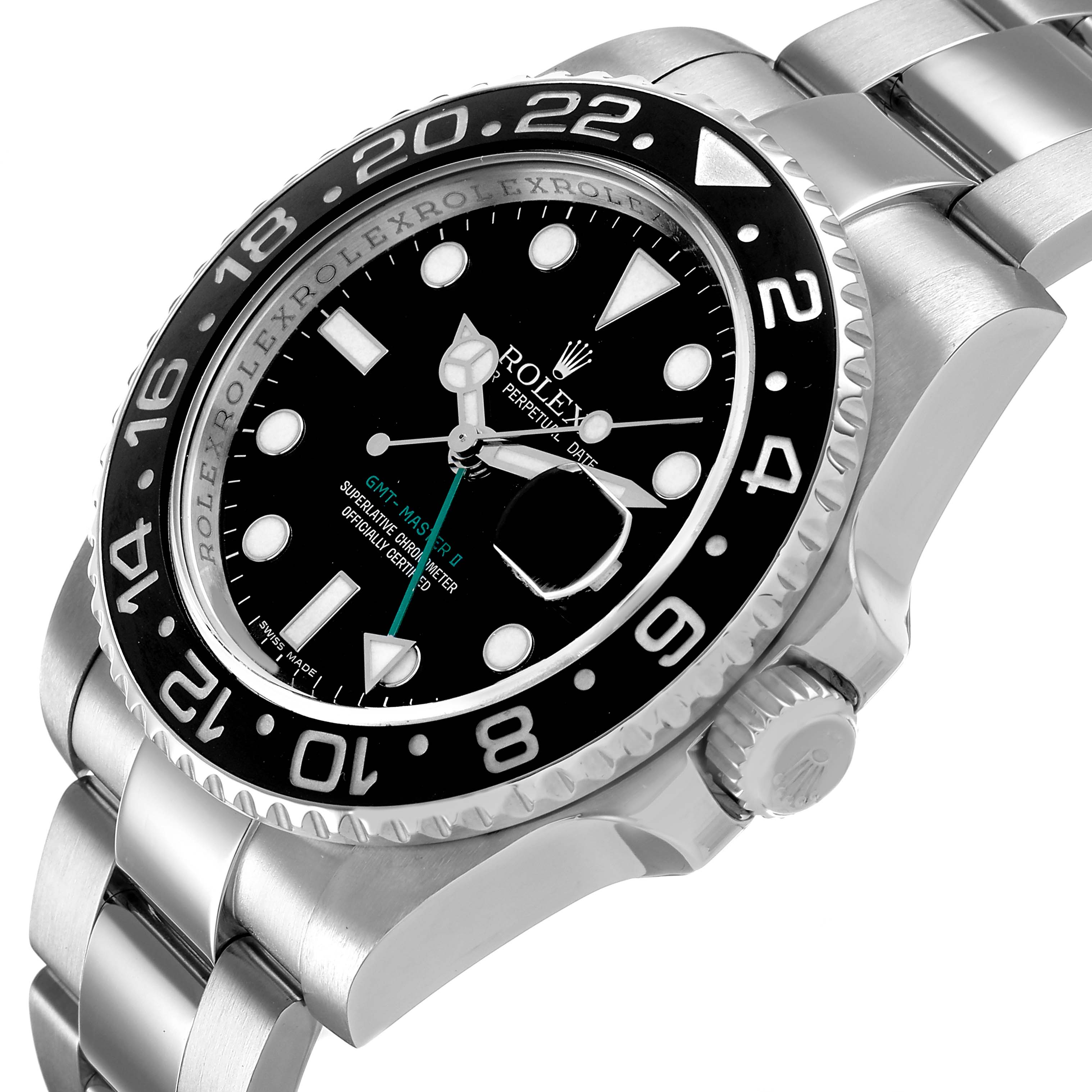 The Rolex GMT-Master 116710 Men's Stainless Steel Black Dial watch is shown at a slight angle highlighting the face, bezel, crown, and part of the bracelet.