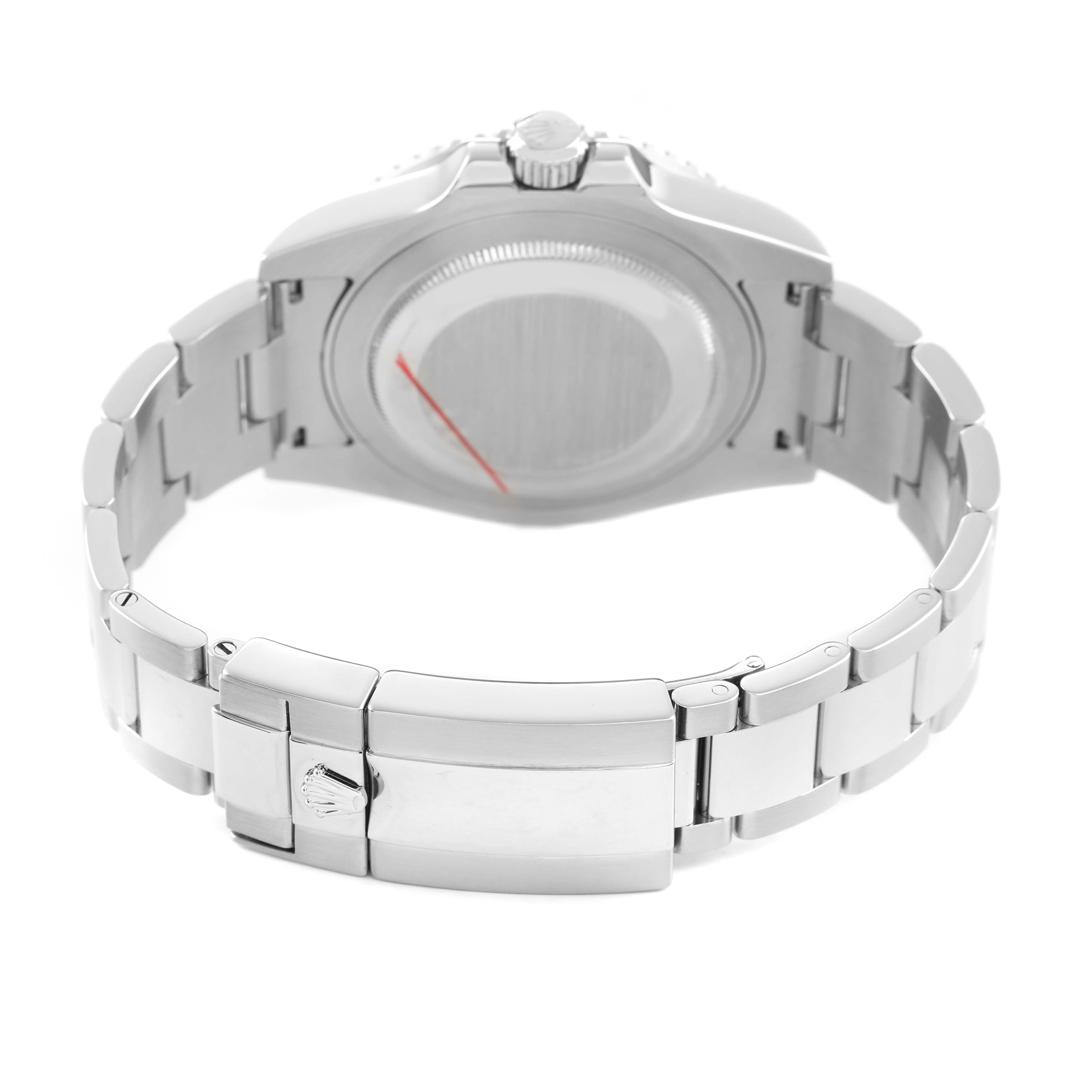 The image shows the back and bracelet of a Rolex GMT-Master 116710 Men's Stainless Steel Black Dial, focusing on the case back and clasp.