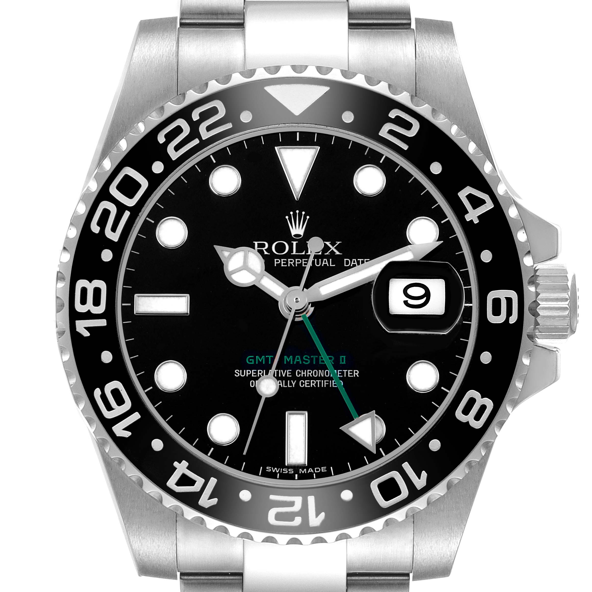 The Rolex GMT-Master 116710 Men's Stainless Steel Black Dial watch is shown from a front view, displaying the face, bezel, crown, and part of the bracelet.