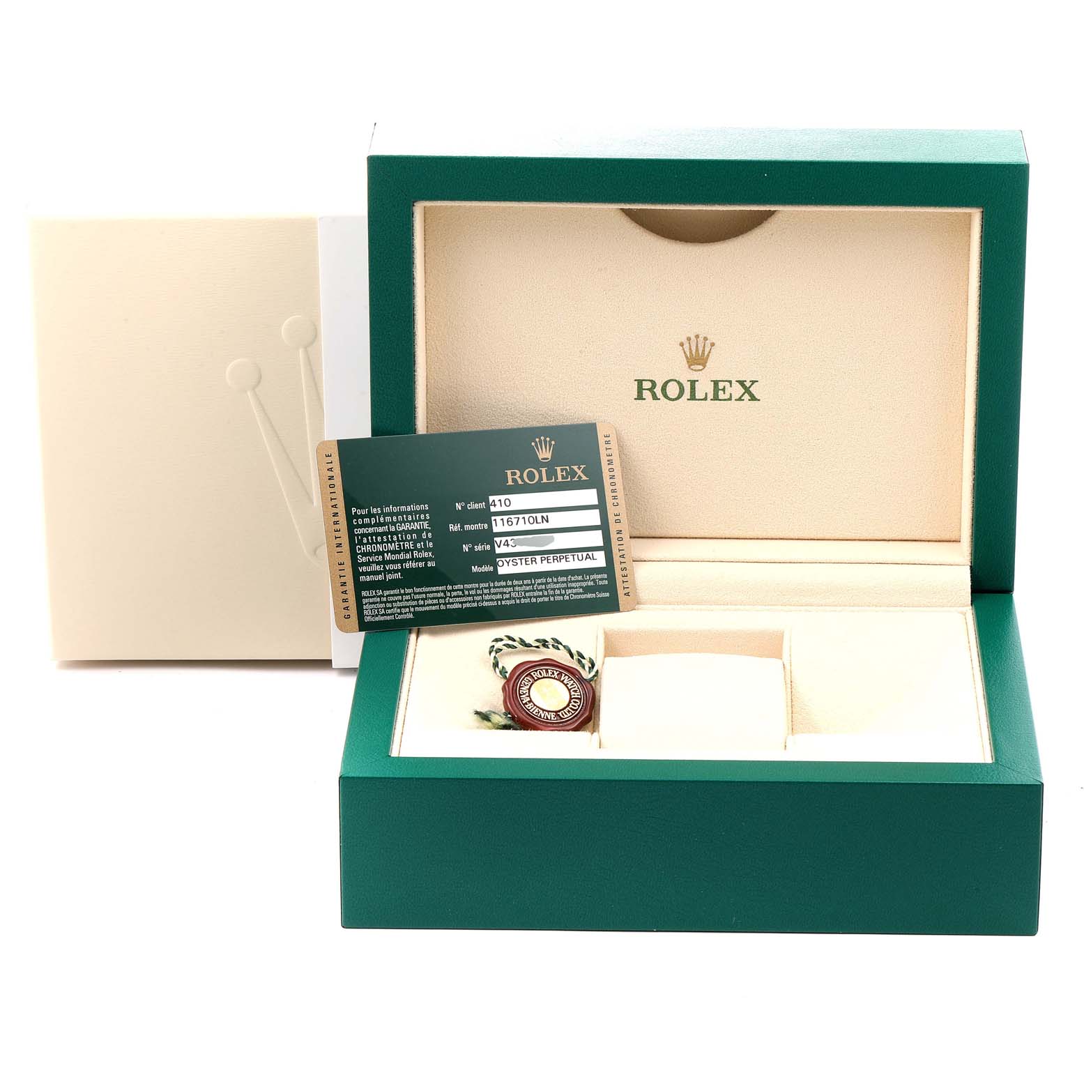 The image shows a Rolex GMT-Master 116710 Men's Stainless Steel Black Dial 116710 Men's Stainless Steel Black Dial watch box with its warranty card and tag, viewed from the front.