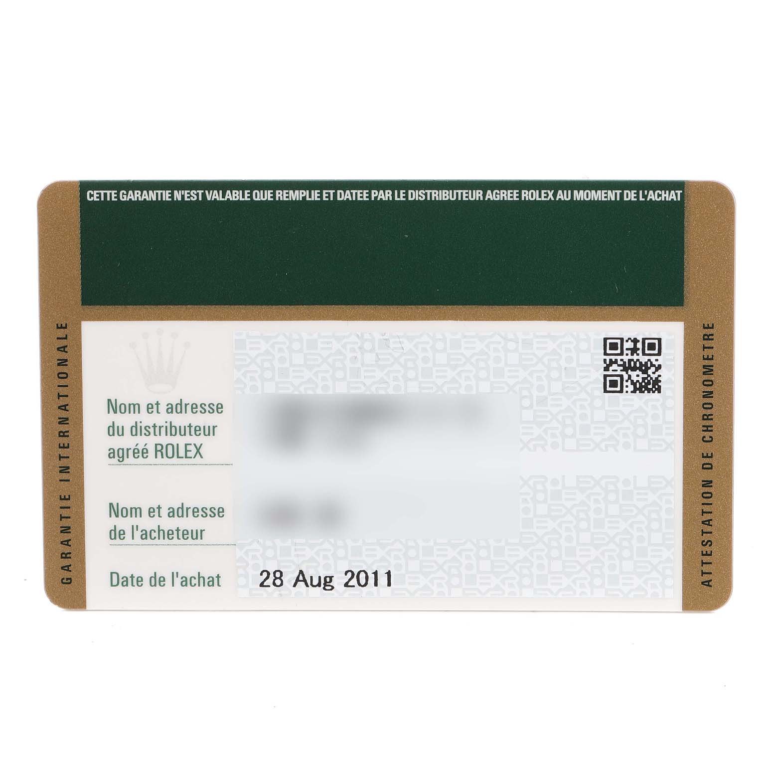 This image shows an international warranty card for the Rolex GMT-Master 116710 Men's Stainless Steel Black Dial 116710 Men's Stainless Steel Black Dial, dated 28 Aug 2011.