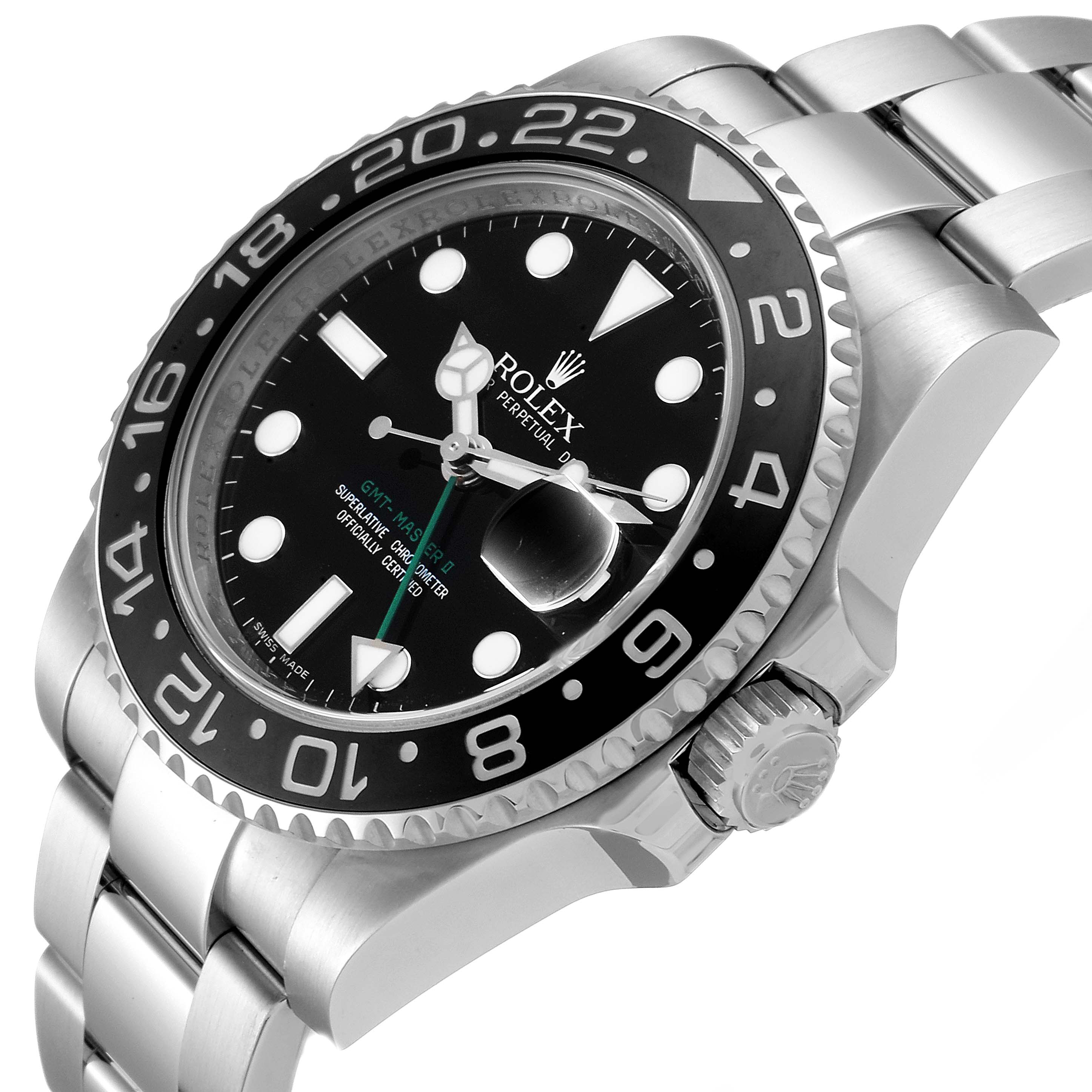 The image shows a side-angle view of a Rolex GMT-Master 116710 Men's Stainless Steel Black Dial 116710 Men's Stainless Steel Black Dial watch, highlighting the bezel, dial, and bracelet.