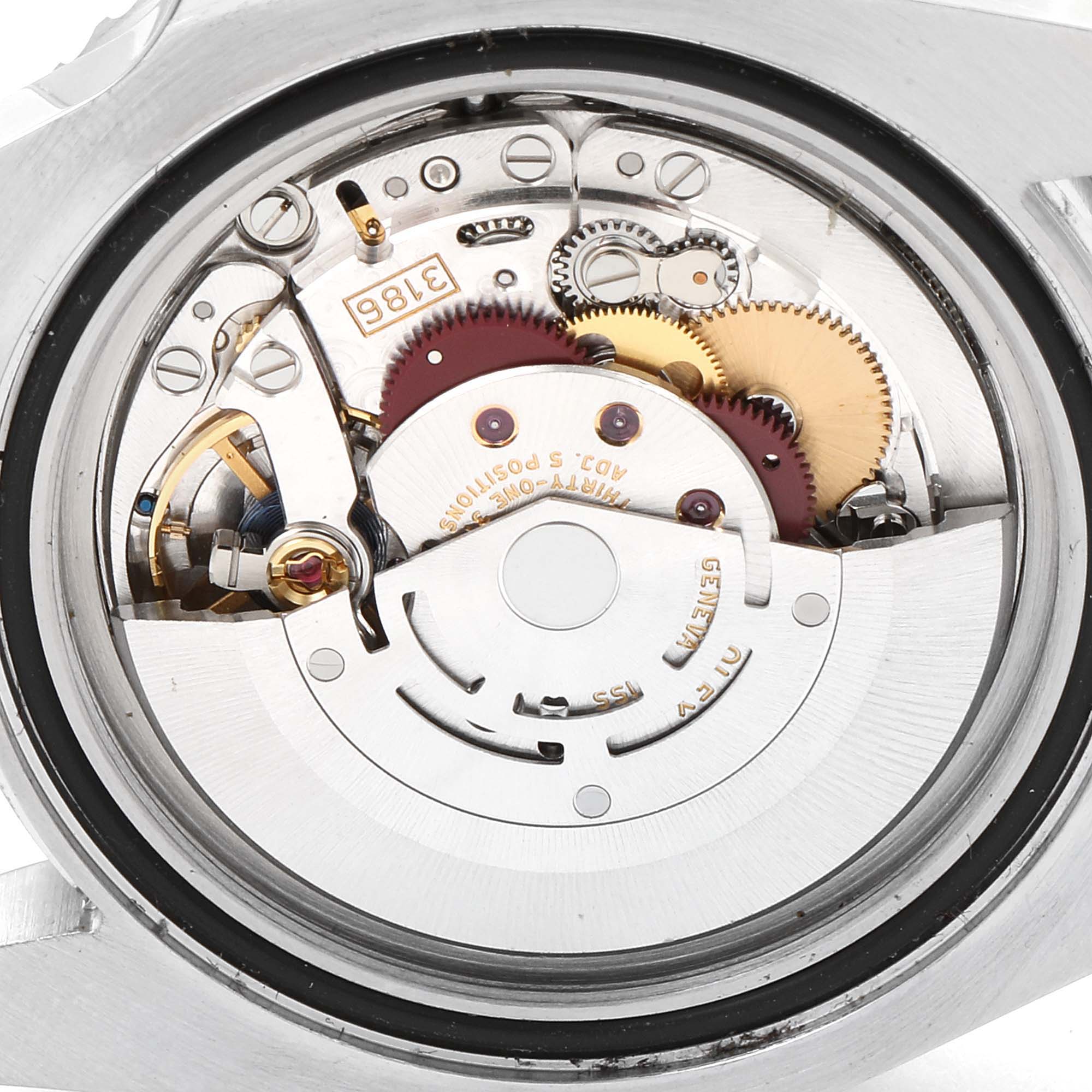 The image shows the internal movement components of a Rolex GMT-Master 116710 Men's Stainless Steel Black Dial 116710 Men's Stainless Steel Black Dial watch from a rear angle.