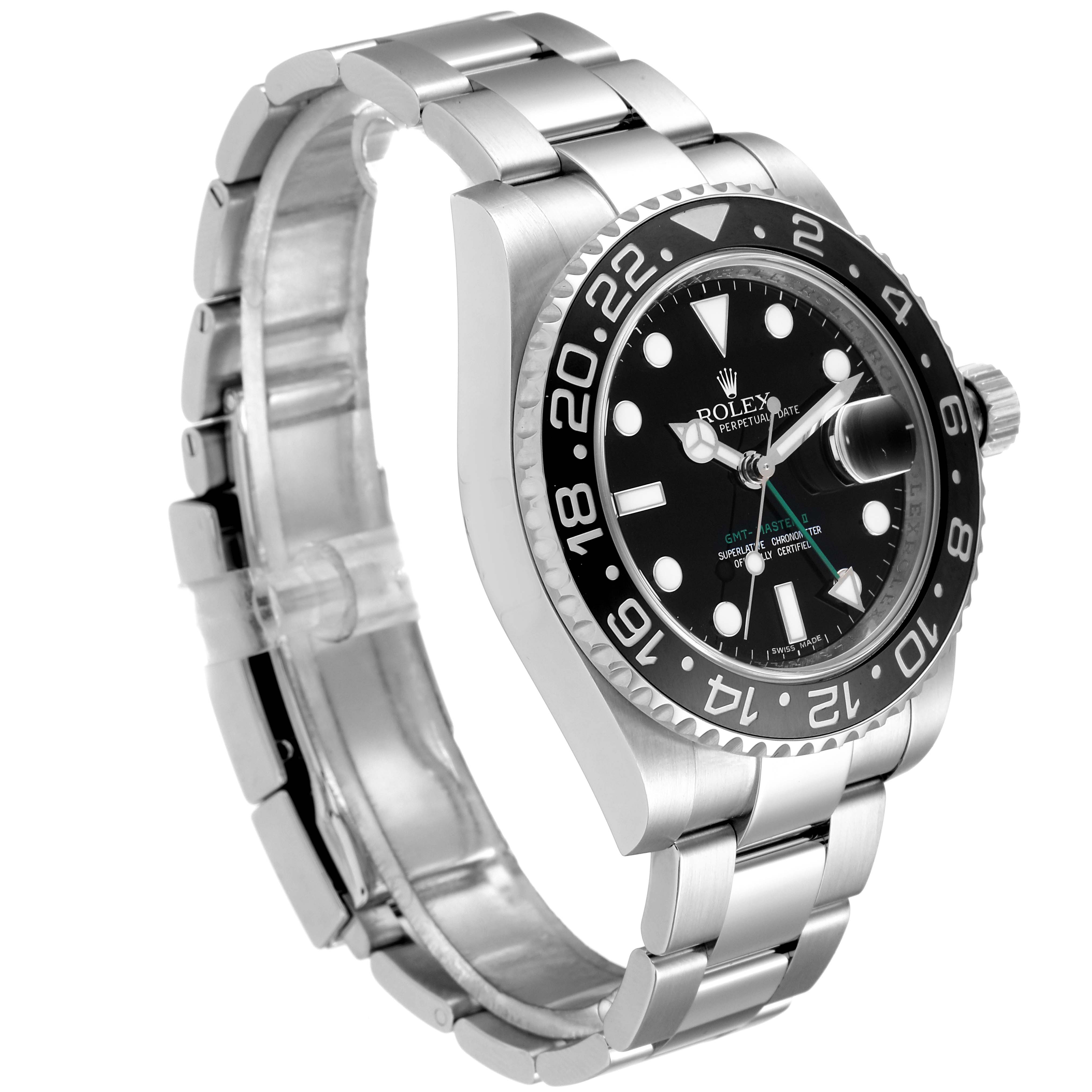 This image shows a side view of a Rolex GMT-Master 116710 Men's Stainless Steel Black Dial 116710 Men's Stainless Steel Black Dial watch, highlighting the bracelet, bezel, and dial.