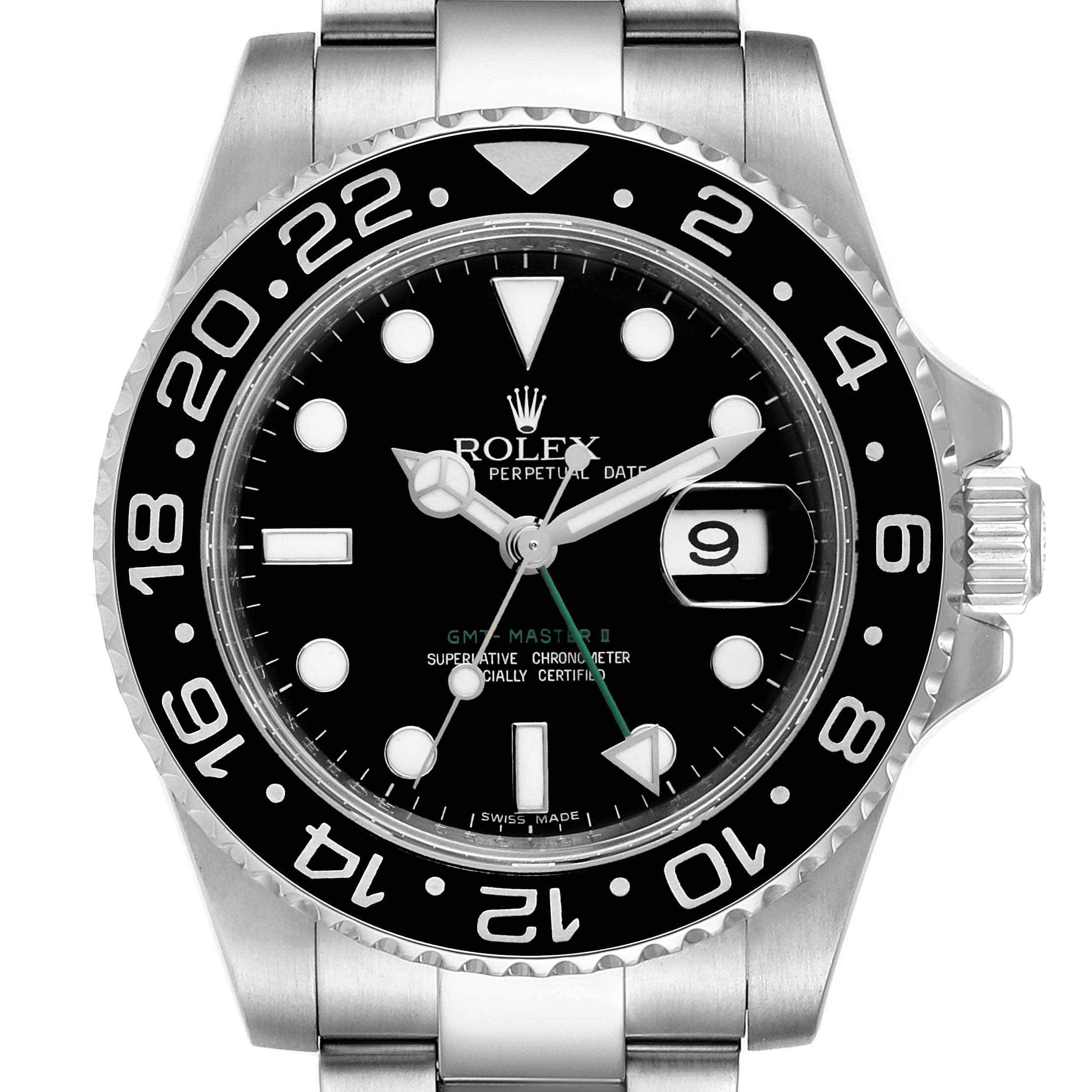 The image shows a front view of the Rolex GMT-Master 116710 Men's Stainless Steel Black Dial 116710 Men's Stainless Steel Black Dial II, displaying its bezel, dial, hands, and date magnifier.