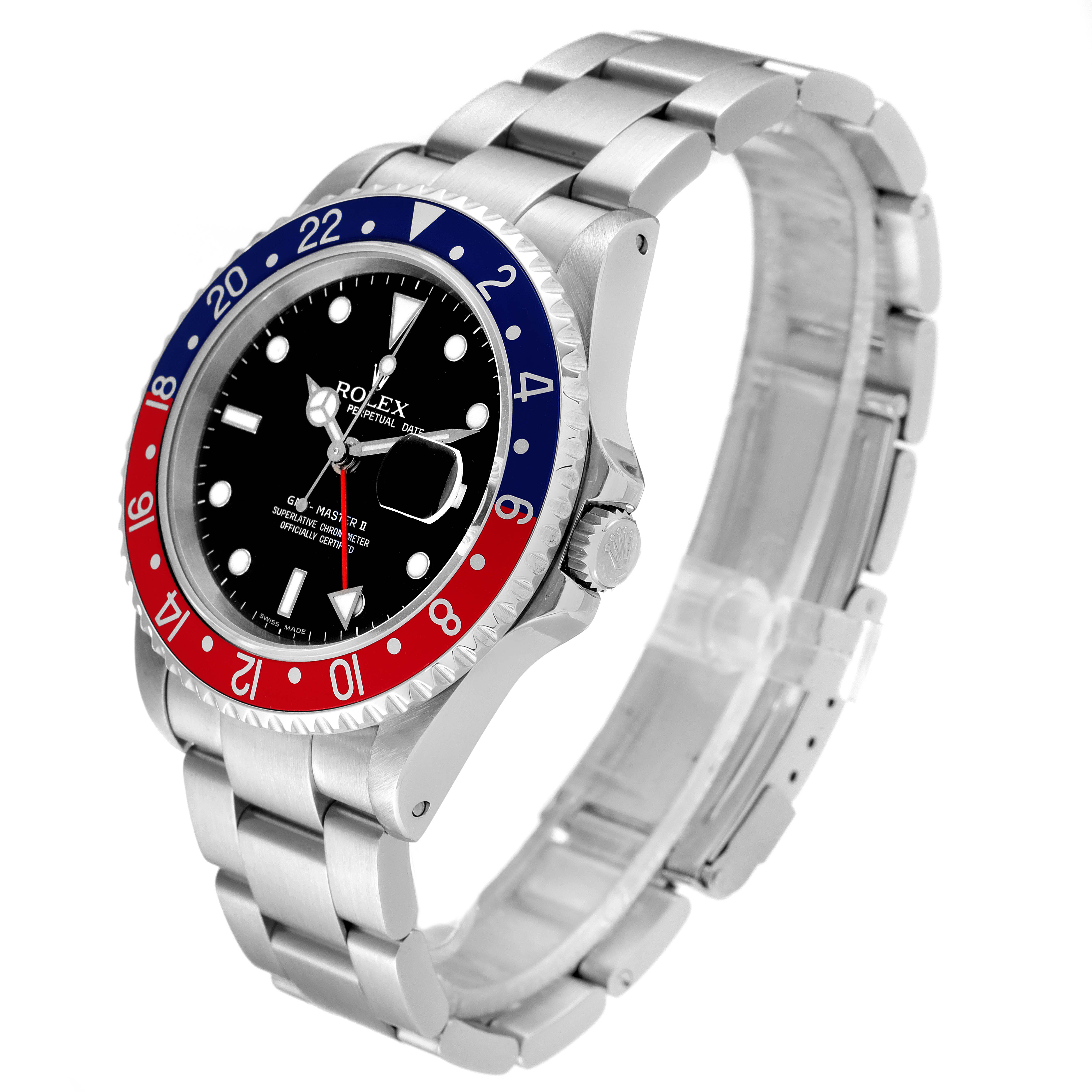This image shows a Rolex GMT-Master 16710 Men
s Stainless Steel Black Dial 16710 Men
s Stainless Steel Black Dial II watch at a front-left angle highlighting the bezel, dial, and stainless steel bracelet.