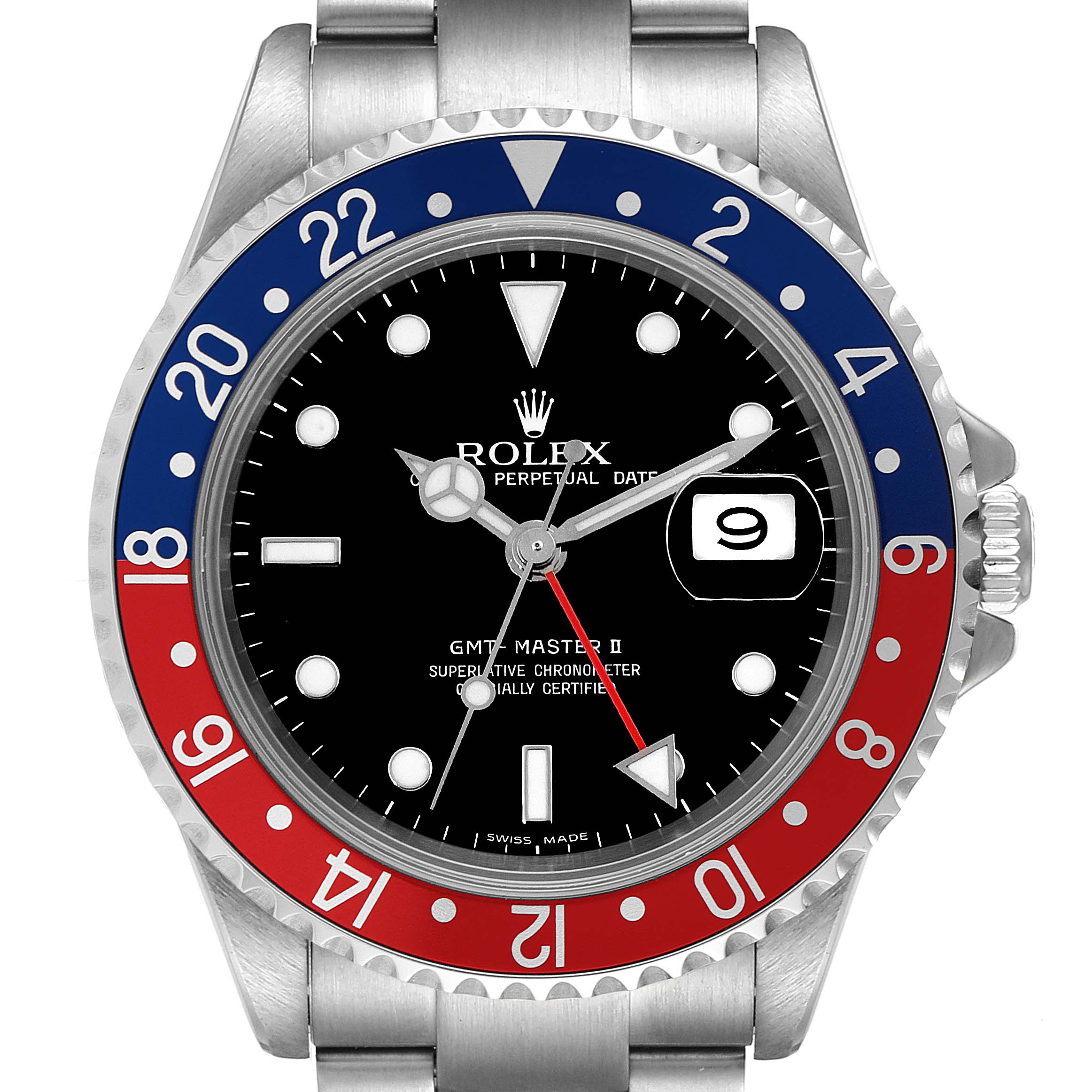 The image shows a front view of the Rolex GMT-Master 16710 Men
s Stainless Steel Black Dial 16710 Men
s Stainless Steel Black Dial II watch, highlighting its dial, bezel, and part of the stainless steel bracelet.