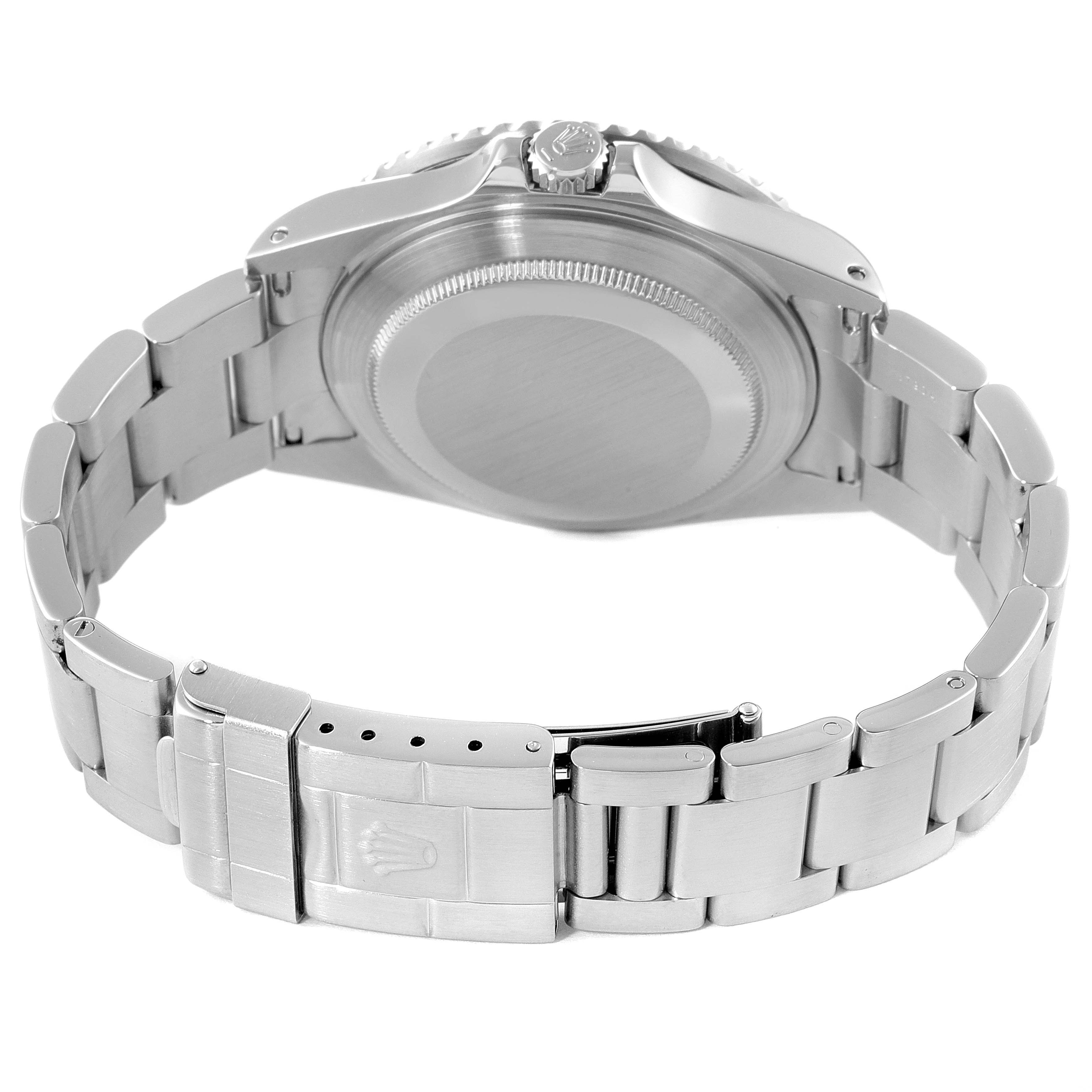 This image shows the back of the Rolex GMT-Master 16710 Men
s Stainless Steel Black Dial 16710 Men
s Stainless Steel Black Dial watch, highlighting its case back, bracelet, and clasp.