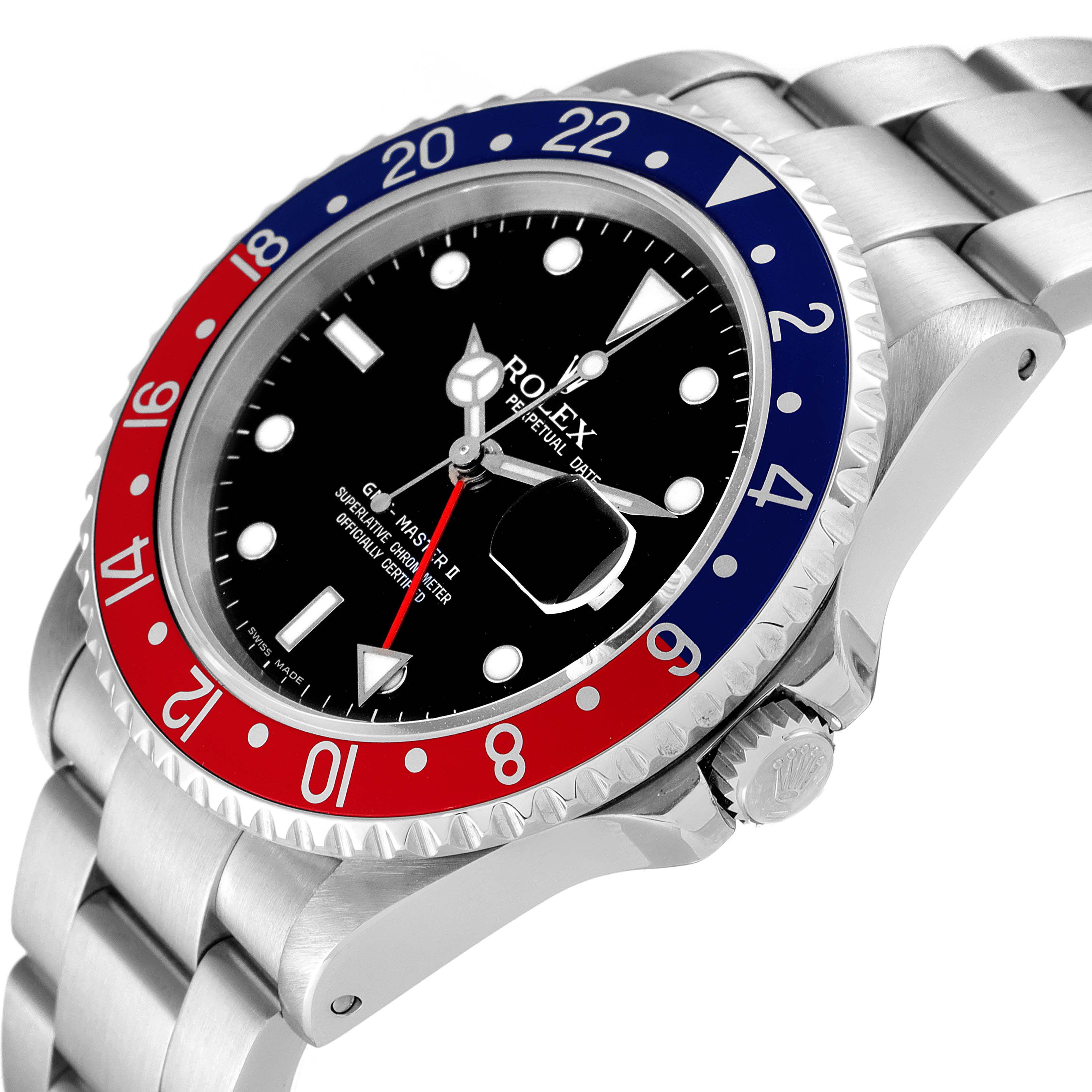 This image shows the Rolex GMT-Master 16710 Men
s Stainless Steel Black Dial 16710 Men
s Stainless Steel Black Dial watch from a side angle, highlighting the bezel, dial, crown, and part of the bracelet.