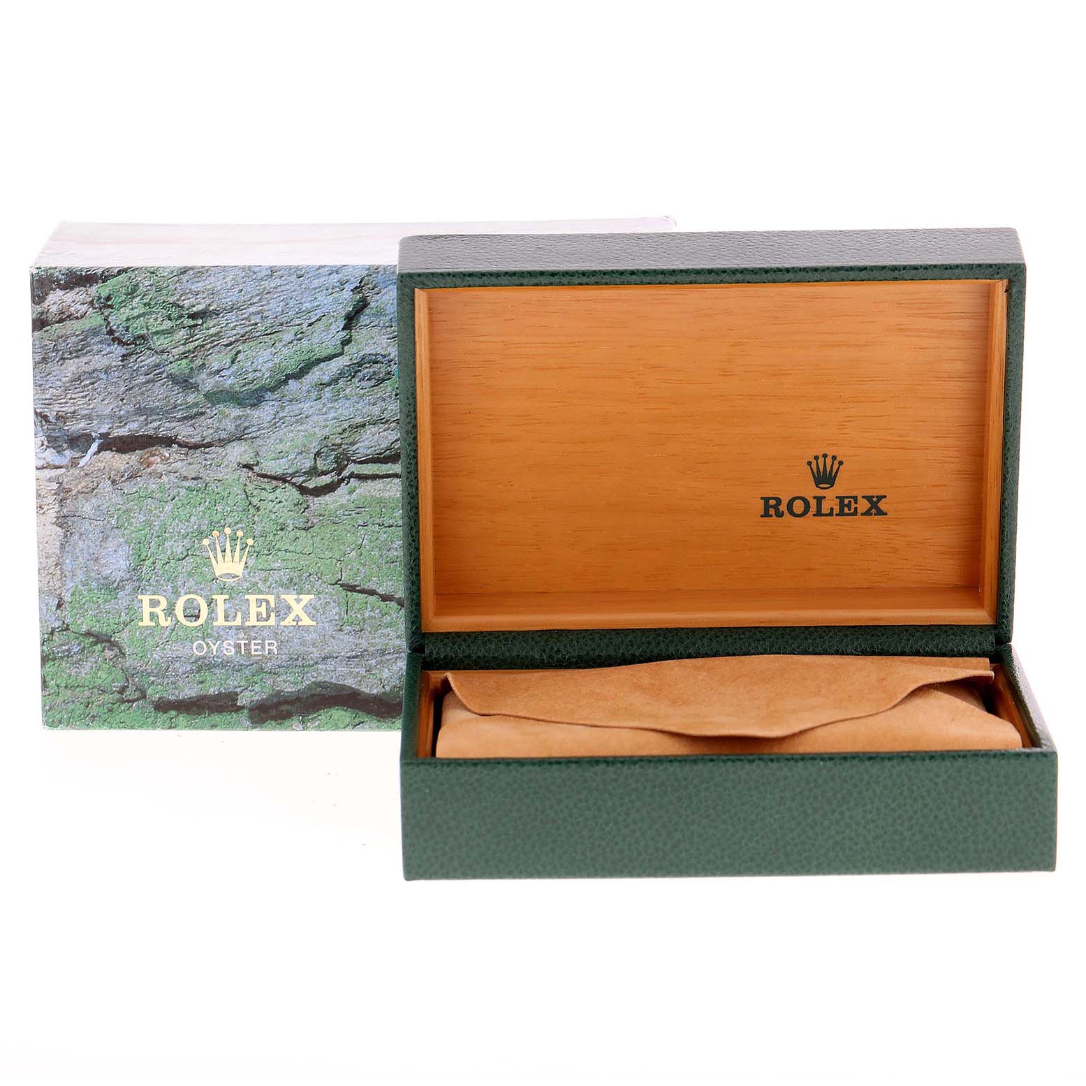 This image shows an open Rolex GMT-Master 16710 Men
s Stainless Steel Black Dial 16710 Men
s Stainless Steel Black Dial watch box with its outer packaging, displaying the interior and cushion.