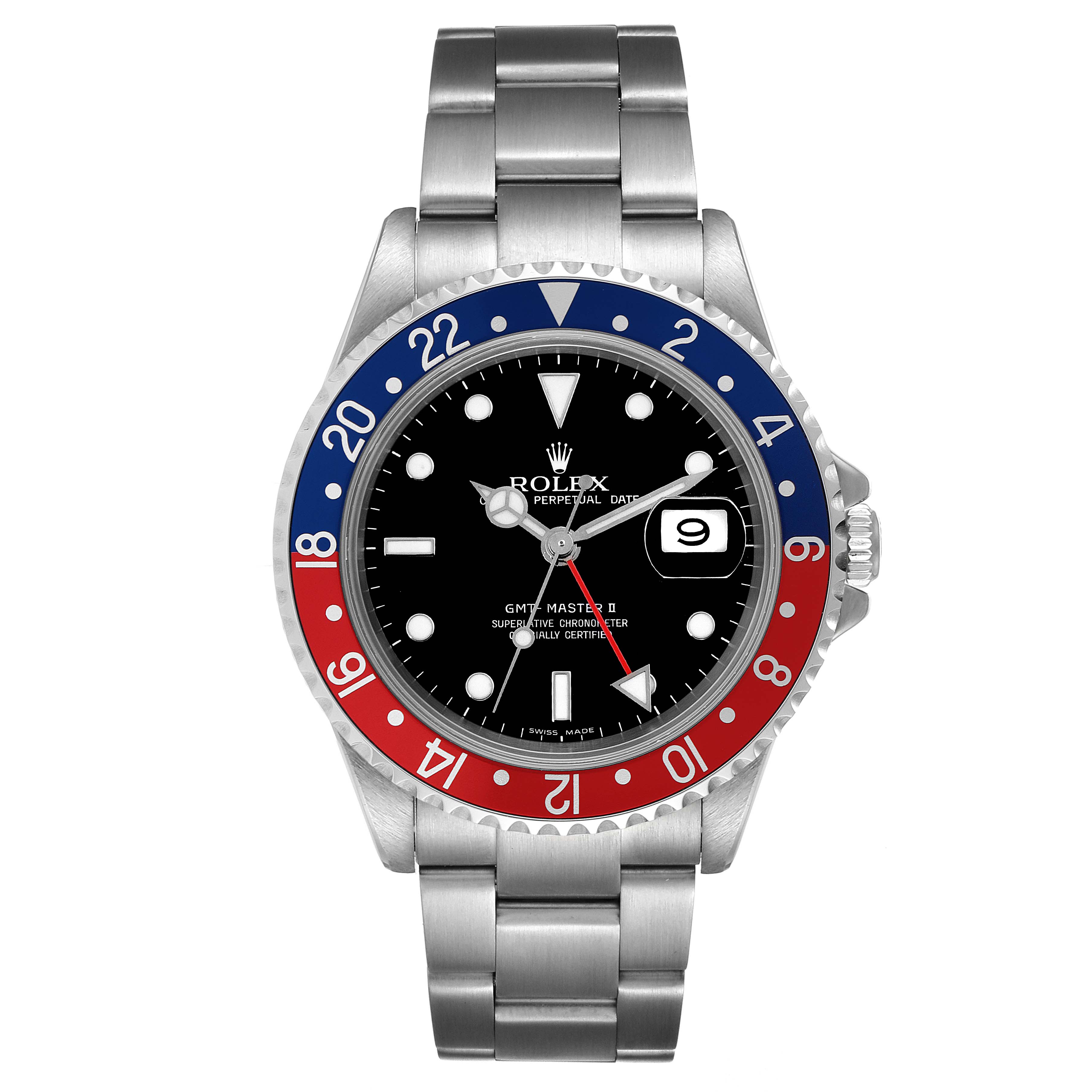 The image shows a front view of a Rolex GMT-Master 16710 Men
s Stainless Steel Black Dial 16710 Men
s Stainless Steel Black Dial II watch displaying its bezel, dial, bracelet, and date window.
