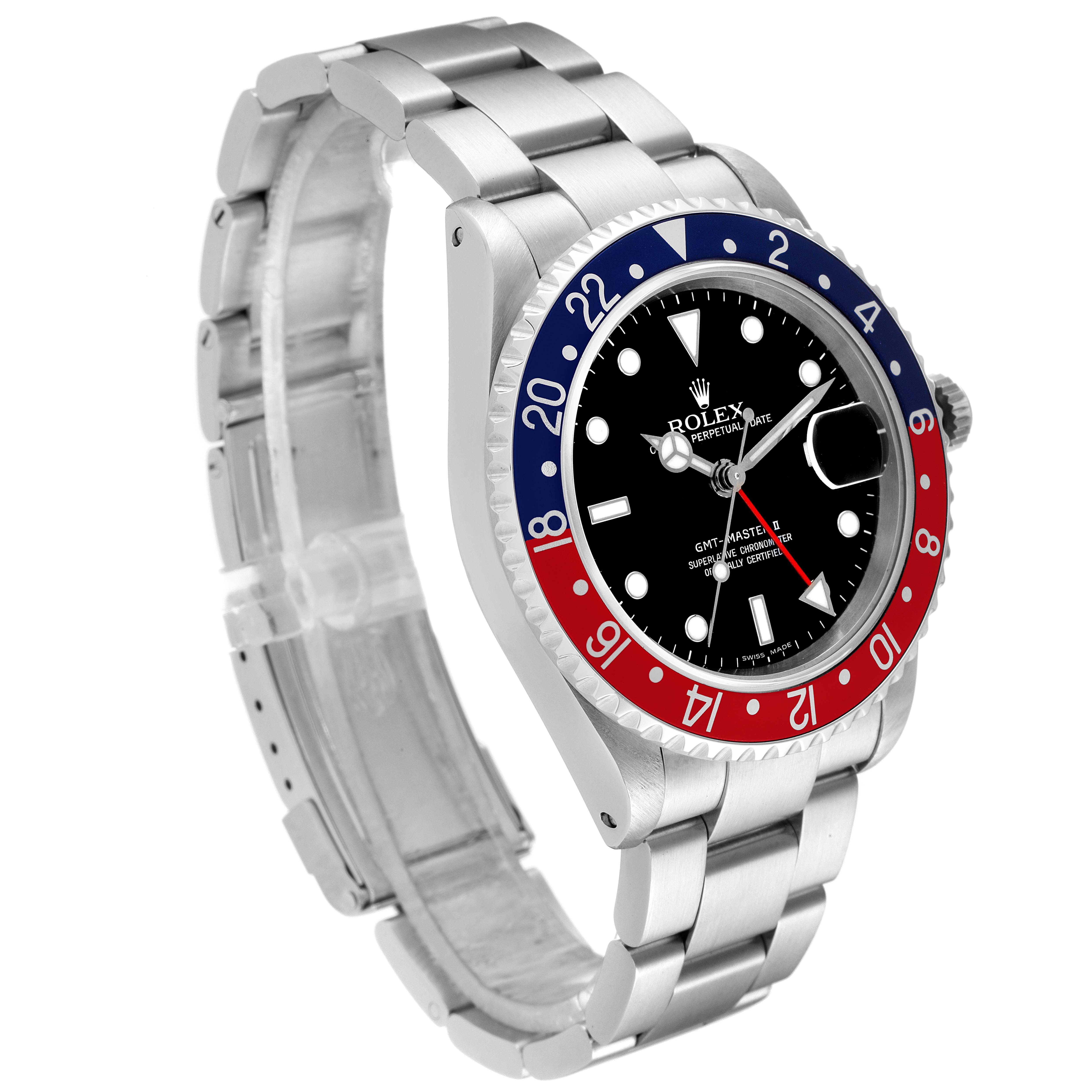 The image shows a Rolex GMT-Master 16710 Men
s Stainless Steel Black Dial 16710 Men
s Stainless Steel Black Dial watch at an angle displaying the bezel, dial, crown, and part of the bracelet.