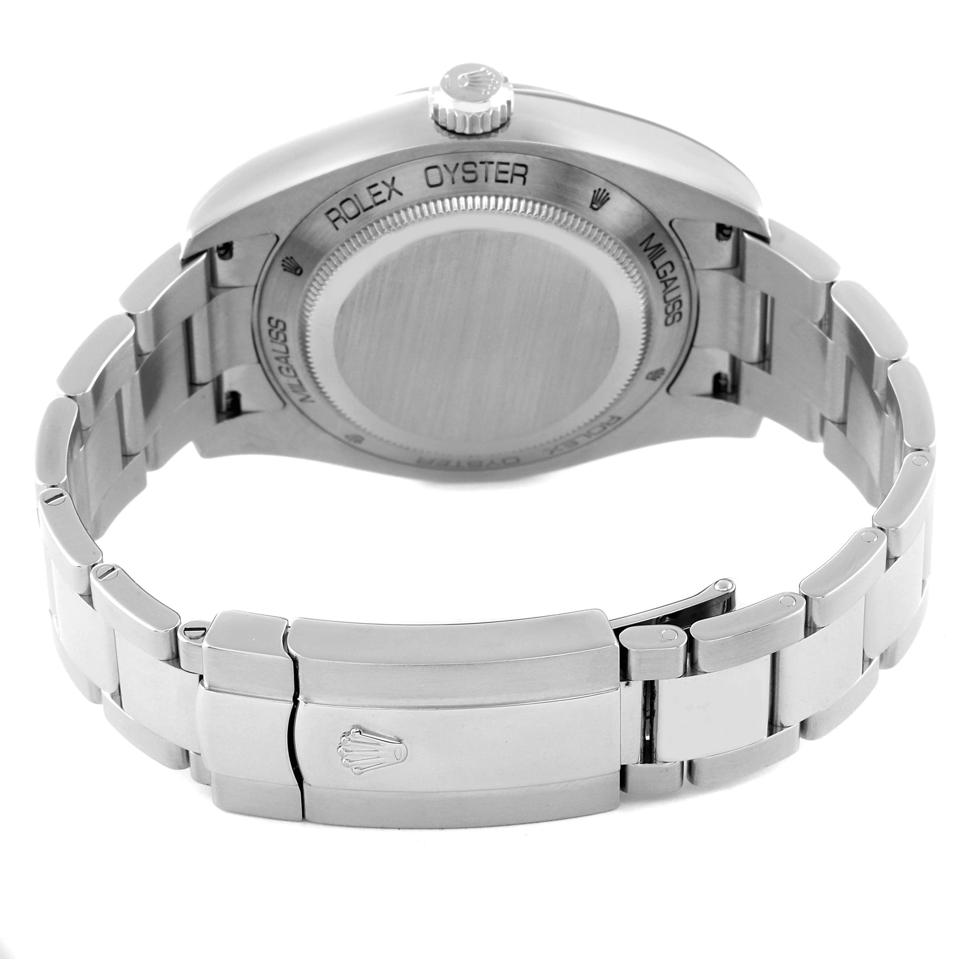 The image shows the backside and clasp of a Rolex Milgauss 116400 Men's Stainless Steel Black Dial 116400 Men's Stainless Steel Black Dial watch, highlighting the case back and bracelet.