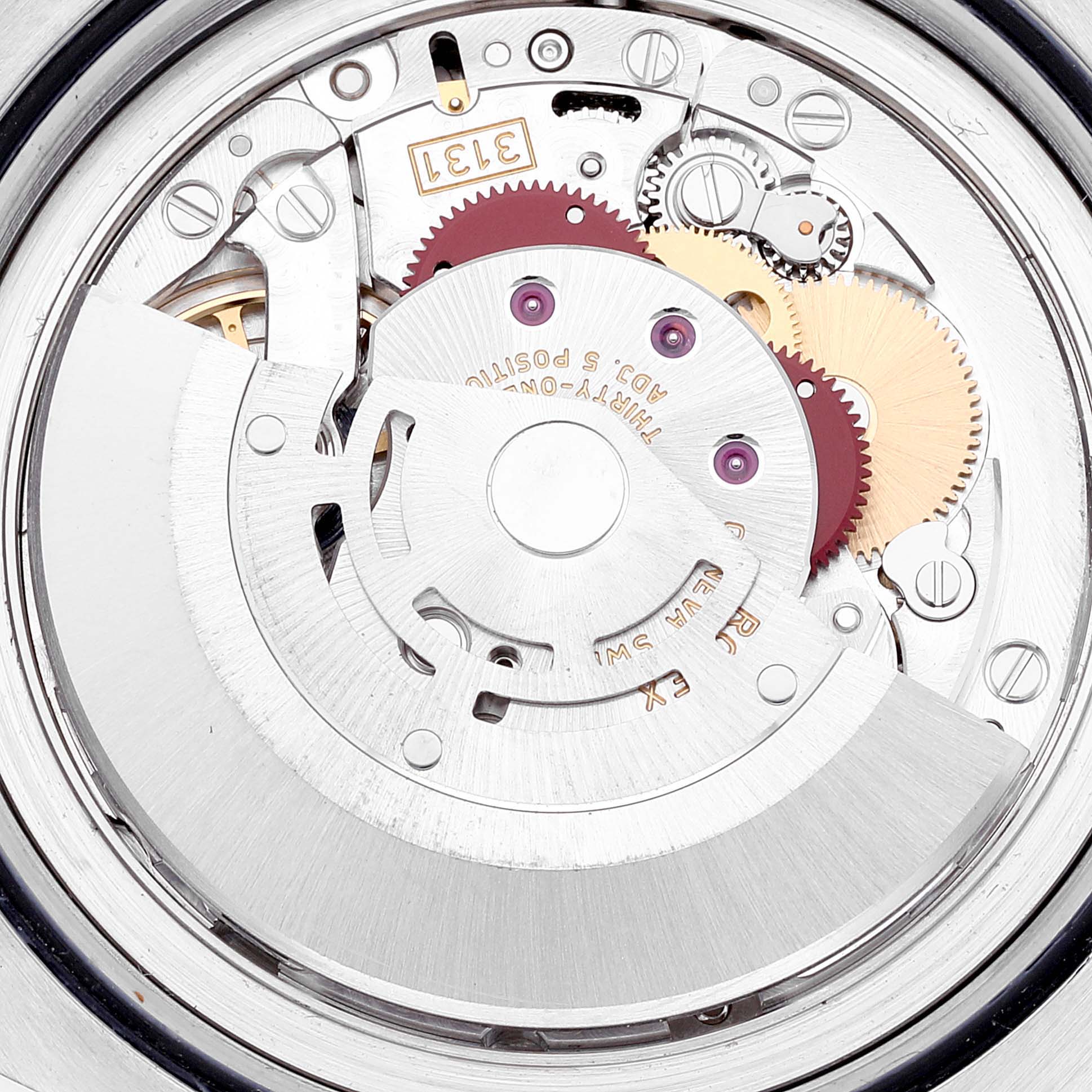 This image shows the detailed mechanical movement of a Rolex Milgauss 116400 Men's Stainless Steel Black Dial 116400 Men's Stainless Steel Black Dial watch from a top-down angle.