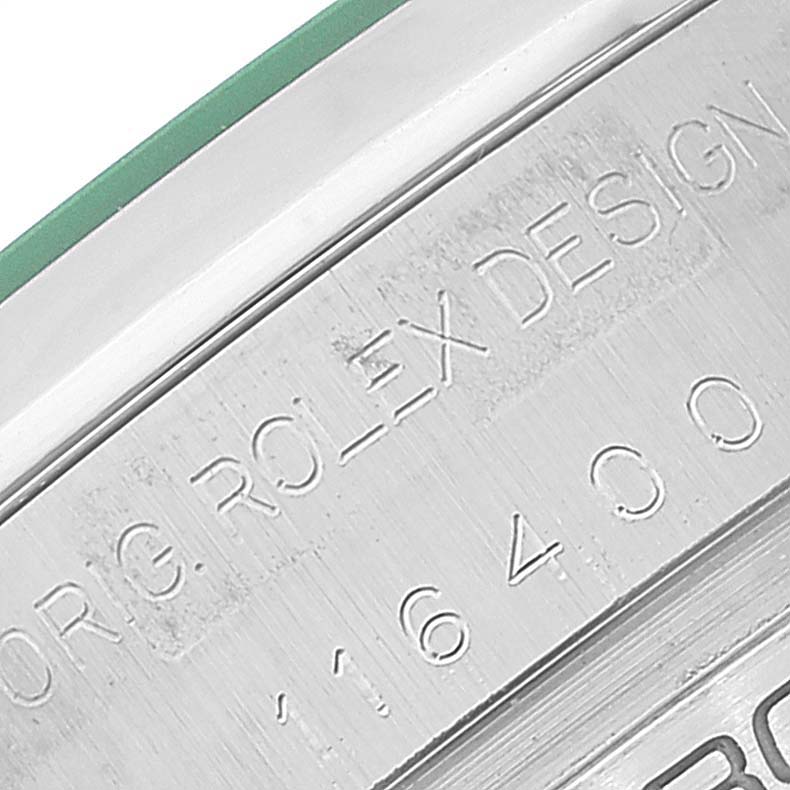 This image shows a close-up of the case back and serial number "116400" of the Rolex Milgauss 116400 Men's Stainless Steel Black Dial 116400 Men's Stainless Steel Black Dial watch.