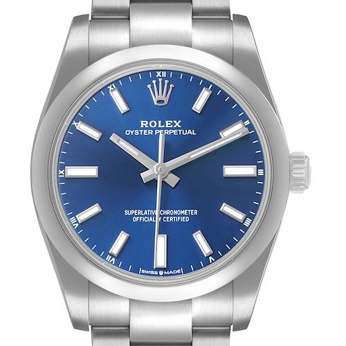 The Rolex Oyster Perpetual 124200 Men's Stainless Steel Blue Dial watch is shown from a front angle, highlighting the dial, hands, crown, and part of the bracelet.