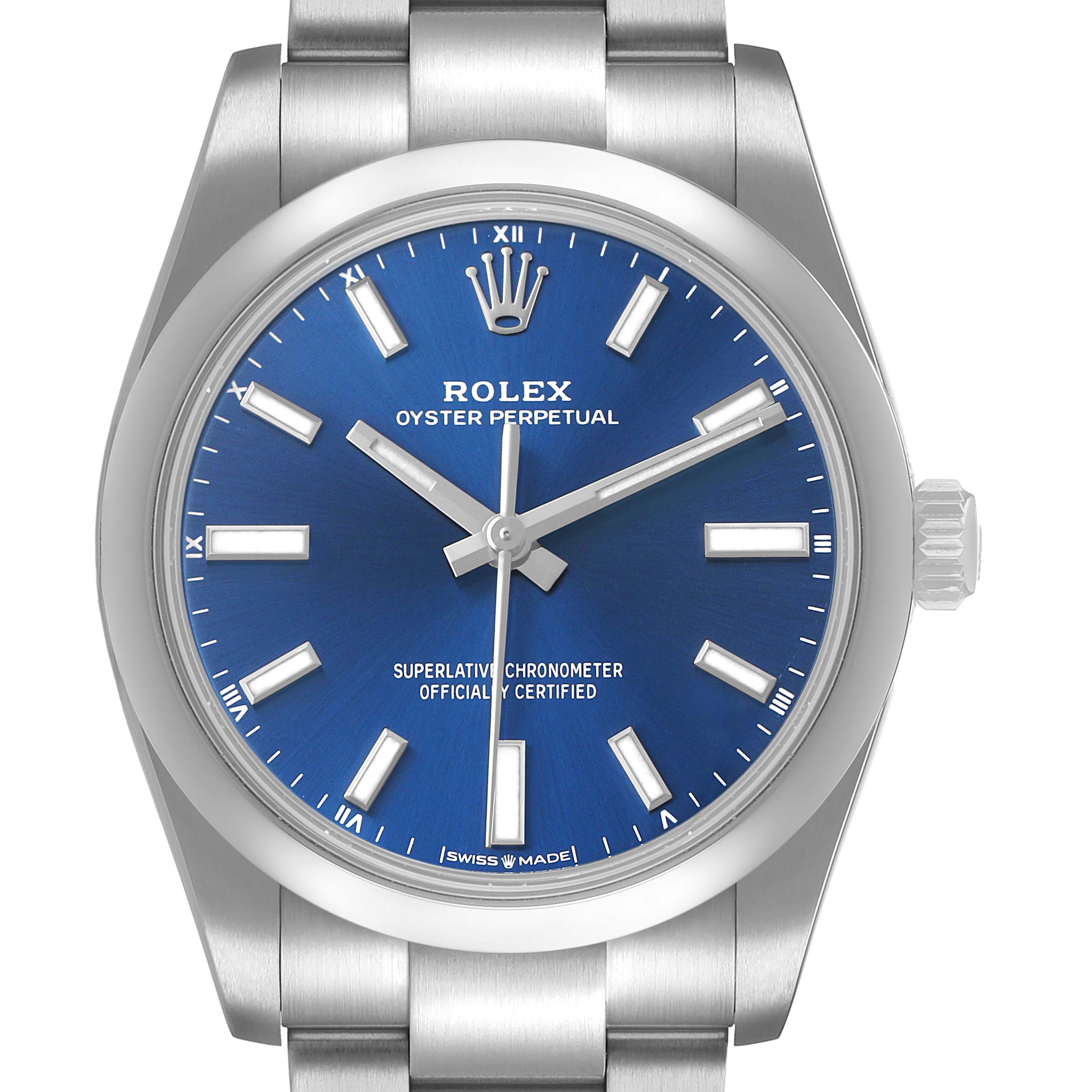 The Rolex Oyster Perpetual 124200 Men's Stainless Steel Blue Dial watch is shown from a front angle, displaying the dial, hands, case, and bracelet.