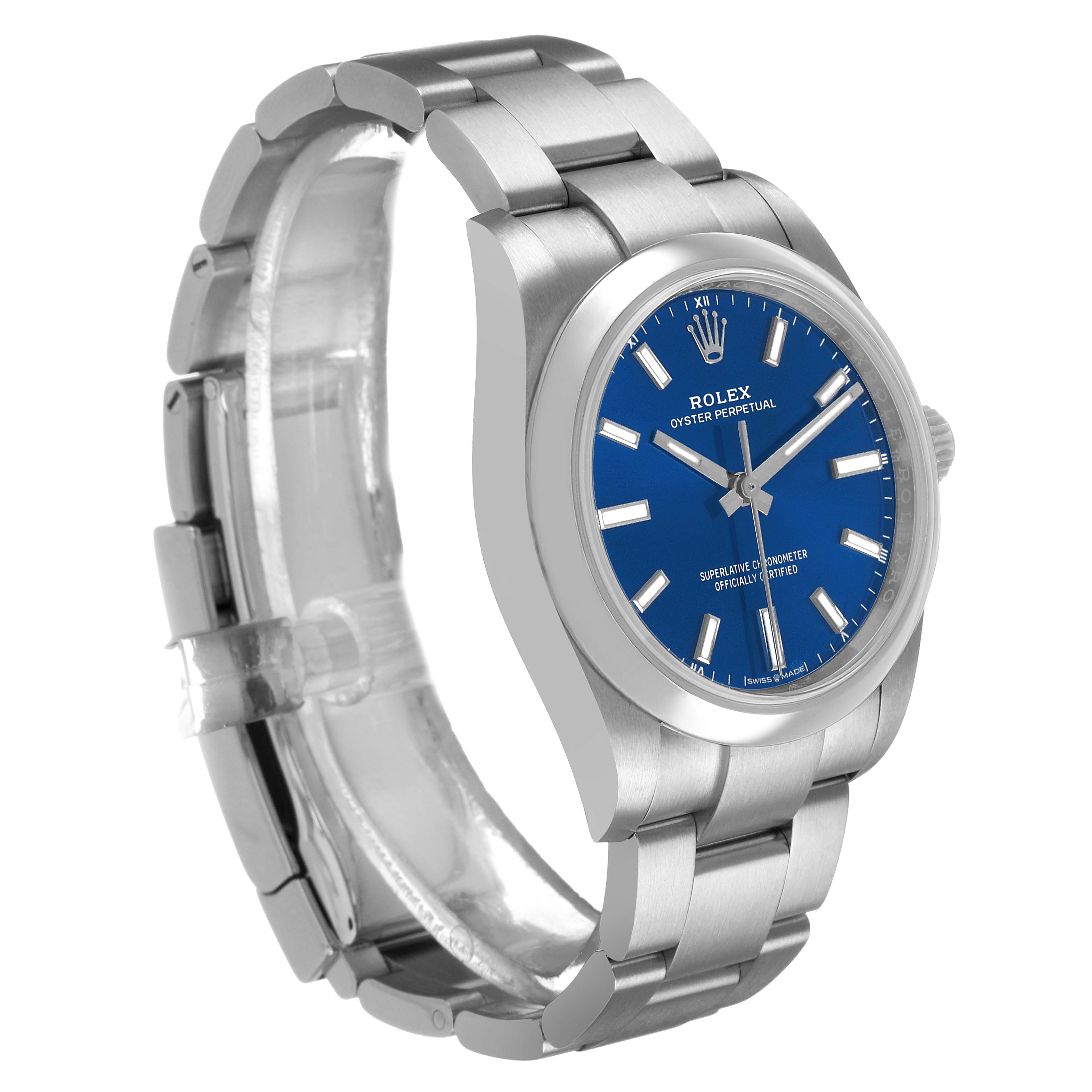 The Rolex Oyster Perpetual 124200 Men's Stainless Steel Blue Dial watch is shown at a slight side angle, highlighting the blue dial, case, and stainless steel bracelet.