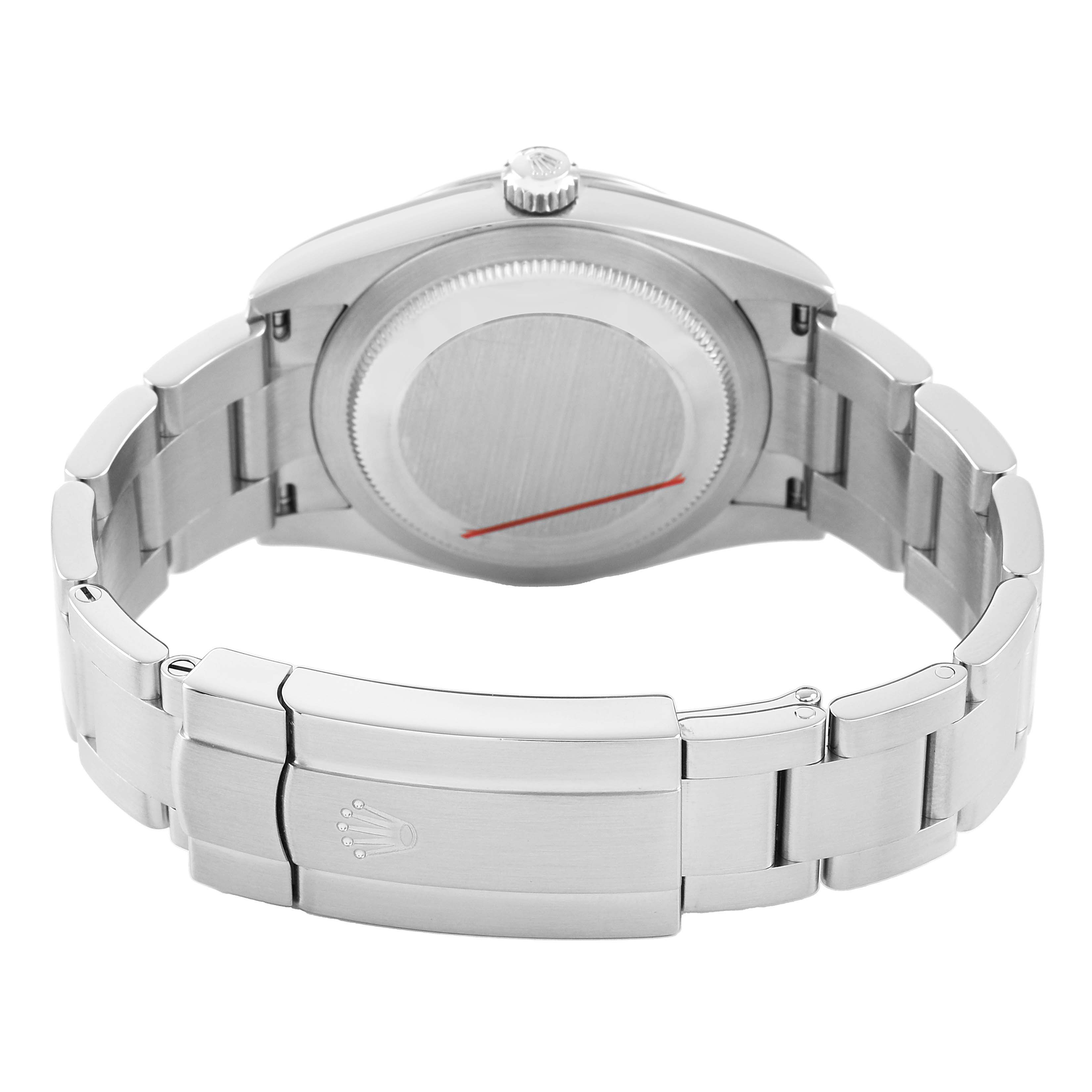 The image shows the back view of a Rolex Oyster Perpetual 124200 Men's Stainless Steel Blue Dial watch, highlighting the case back and bracelet clasp.