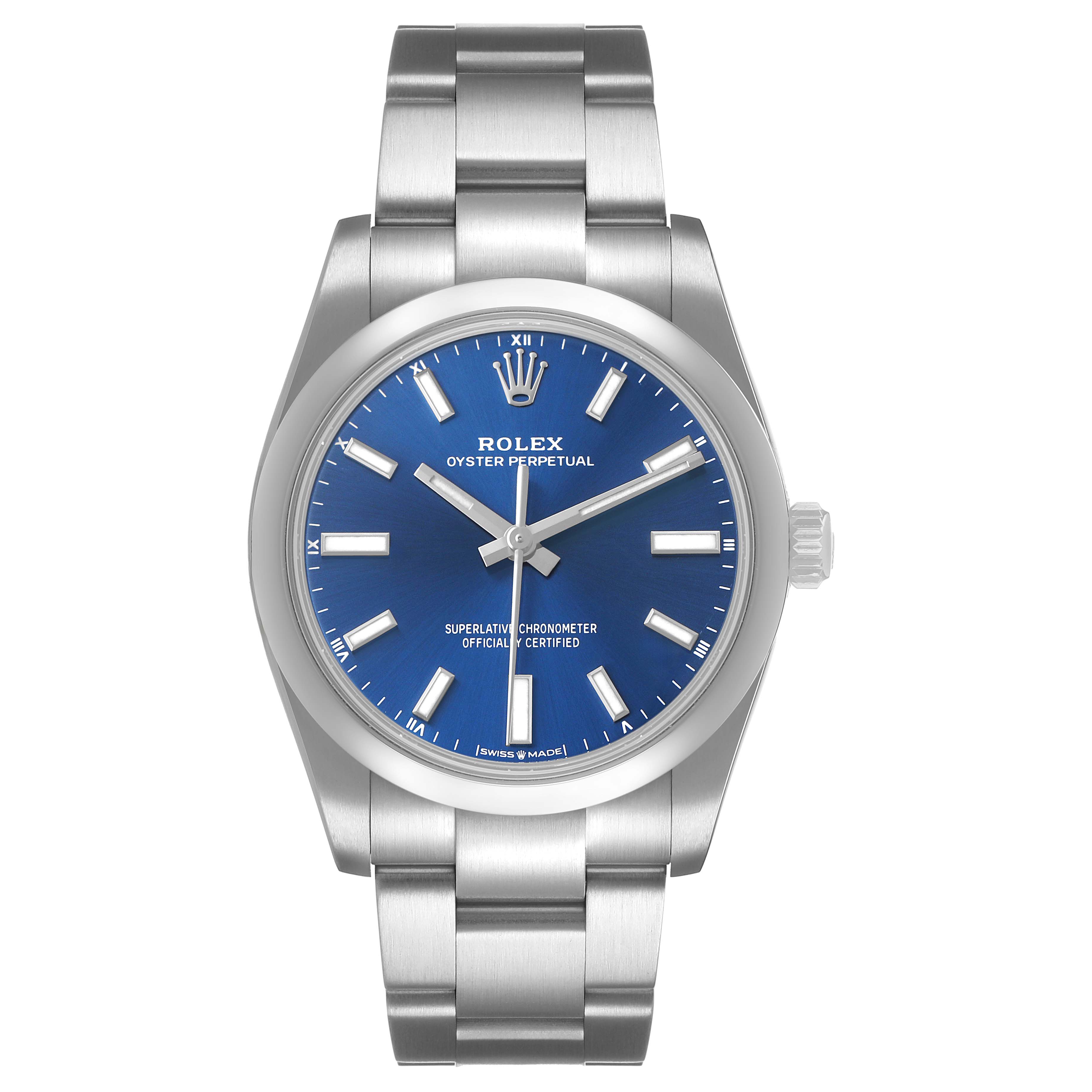 The Rolex Oyster Perpetual 124200 Men's Stainless Steel Blue Dial watch is shown from a front angle, displaying its blue dial, hands, and bracelet.