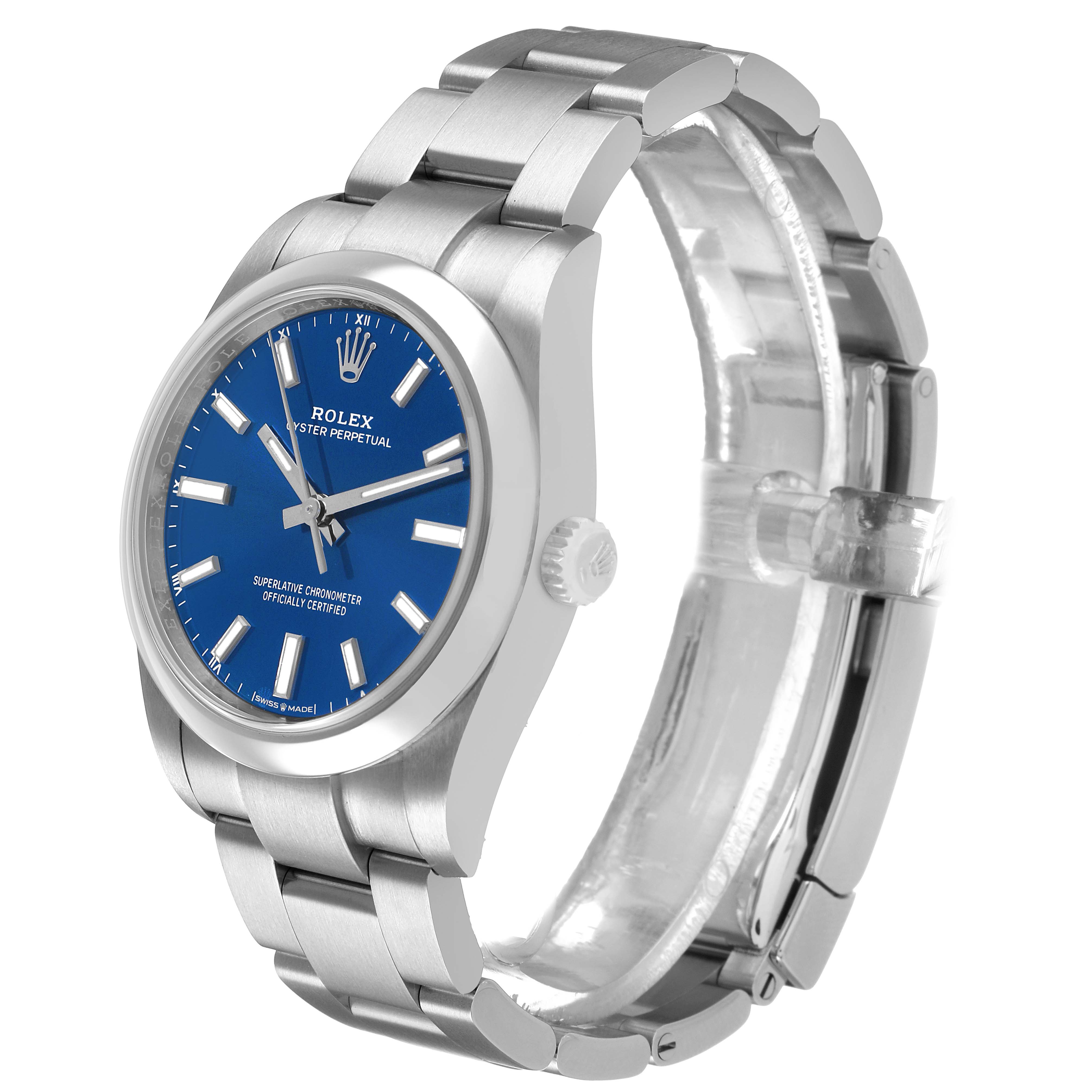 The Rolex Oyster Perpetual 124200 Men's Stainless Steel Blue Dial watch is shown from a front-side angle, highlighting its blue dial, case, and bracelet.