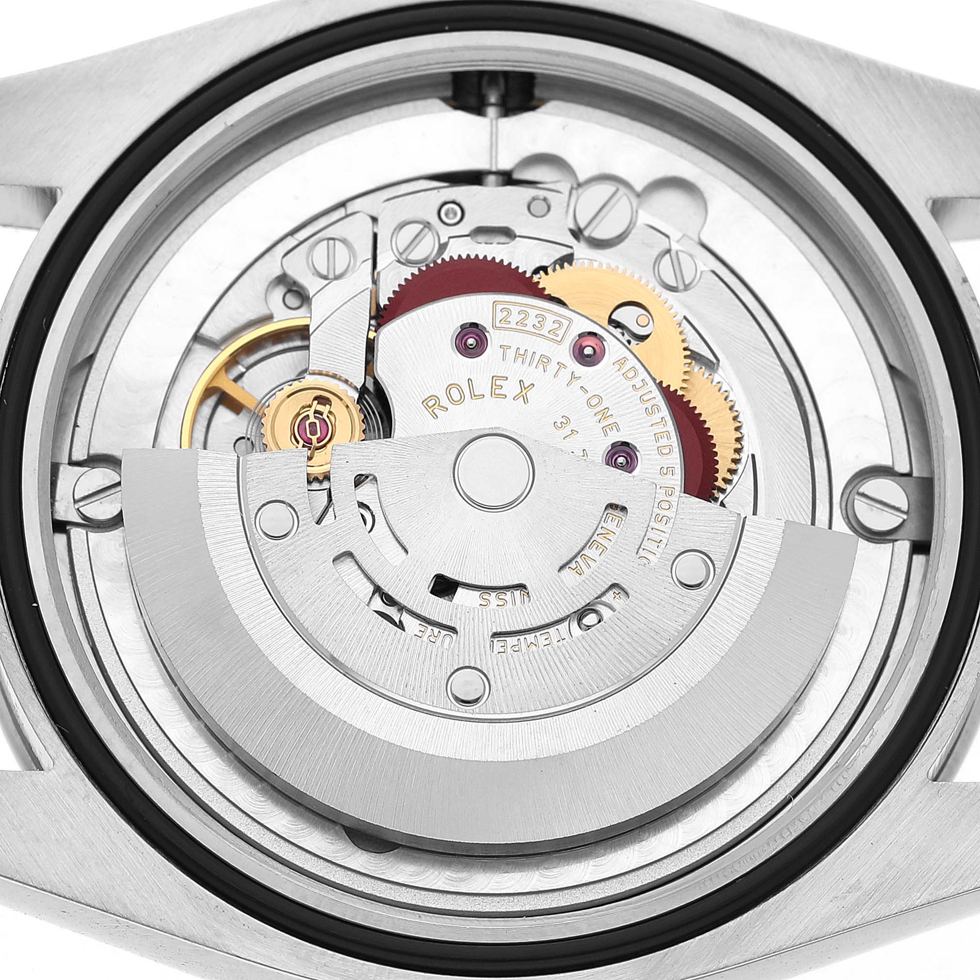 The image shows the internal mechanism of a Rolex Oyster Perpetual 124200 Men's Stainless Steel Blue Dial watch from a top-down angle.