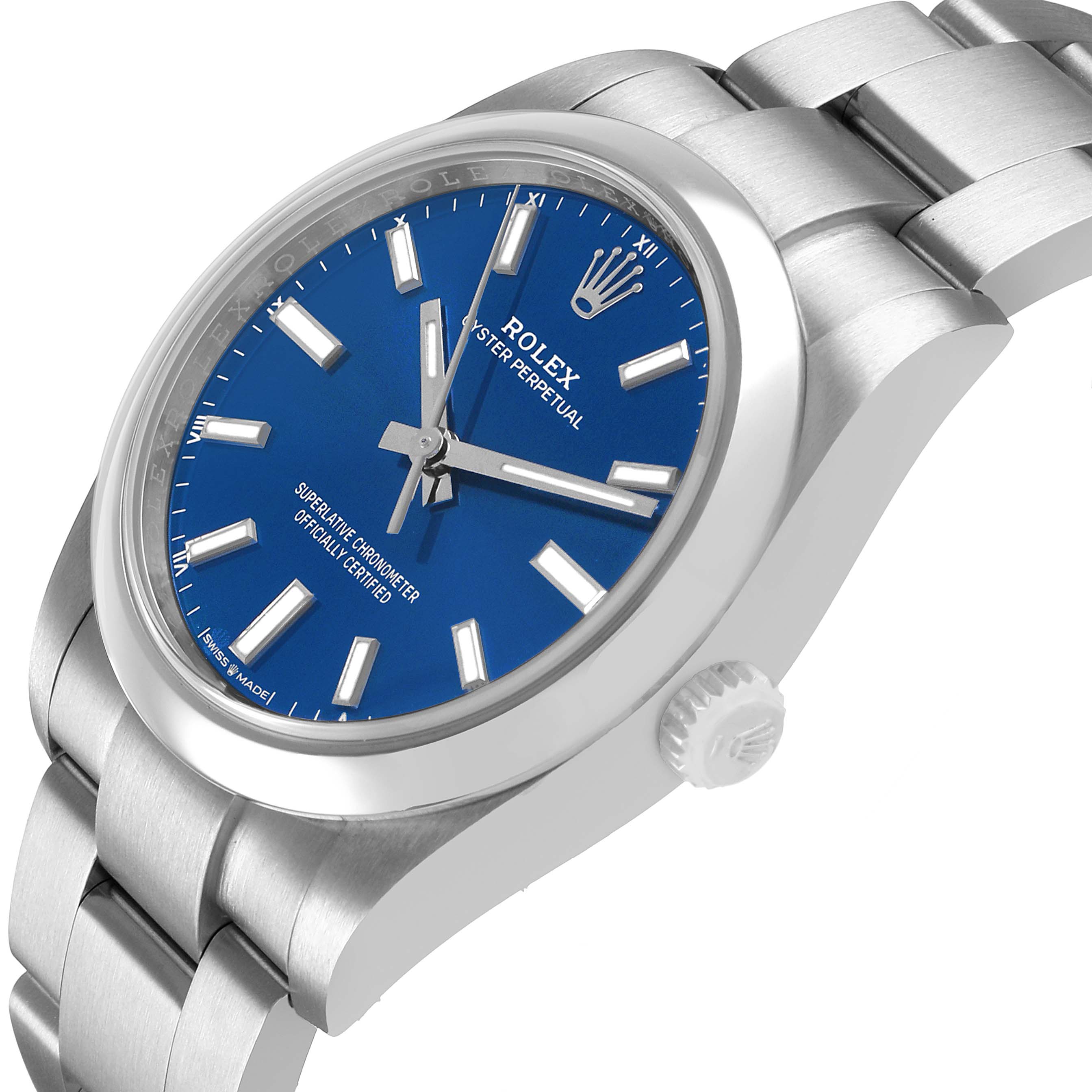 The Rolex Oyster Perpetual 124200 Men's Stainless Steel Blue Dial watch is shown at an angle highlighting the blue dial, bezel, crown, and part of the bracelet.