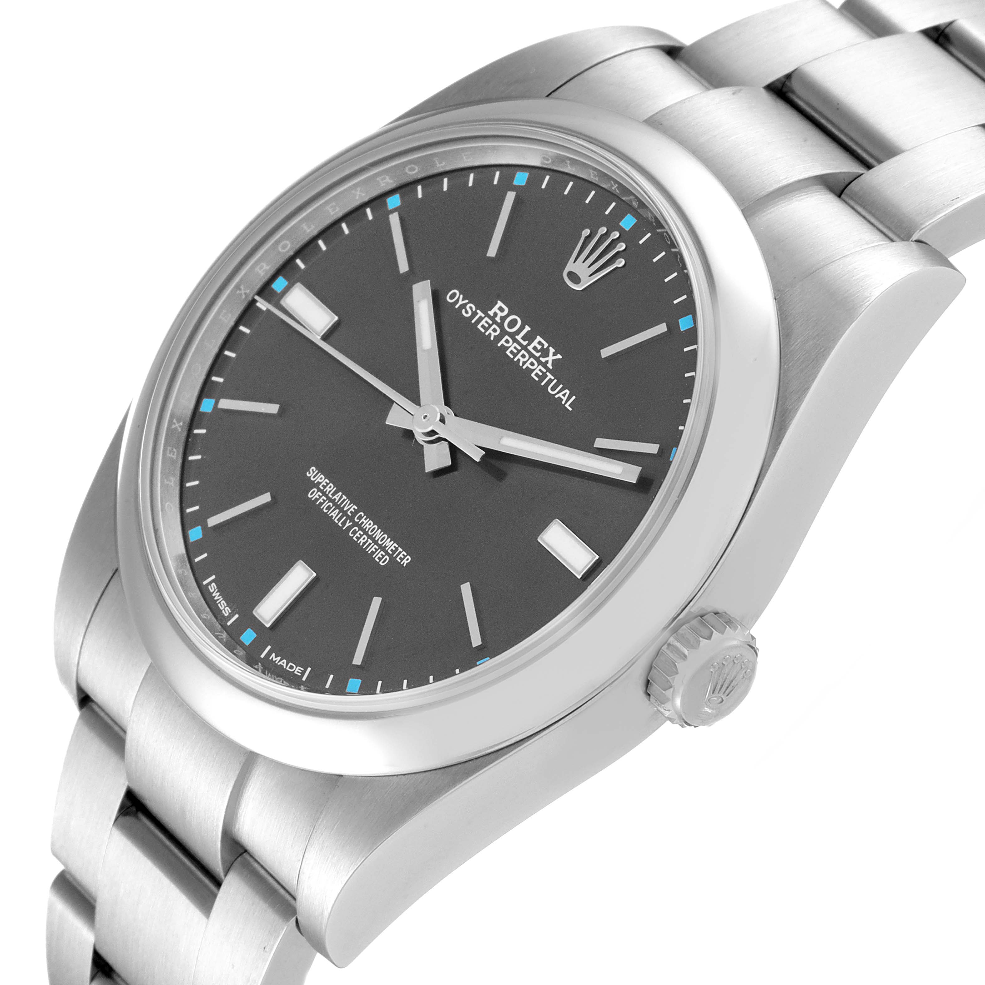 This image shows a Rolex Oyster Perpetual 114300 Men's Stainless Steel Grey Dial 114300 Men's Stainless Steel Grey Dial watch, displaying the face, bezel, and part of the bracelet from a slightly angled side view.