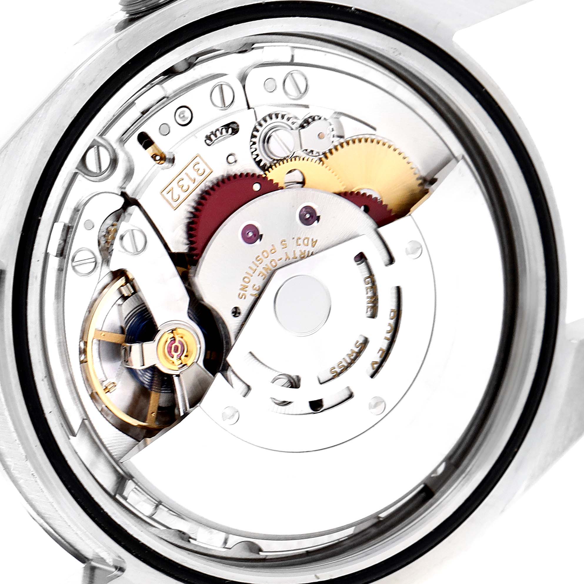 The image shows the back view of the Rolex Oyster Perpetual 114300 Men's Stainless Steel Grey Dial 114300 Men's Stainless Steel Grey Dial's movement, highlighting its internal mechanisms and gears.