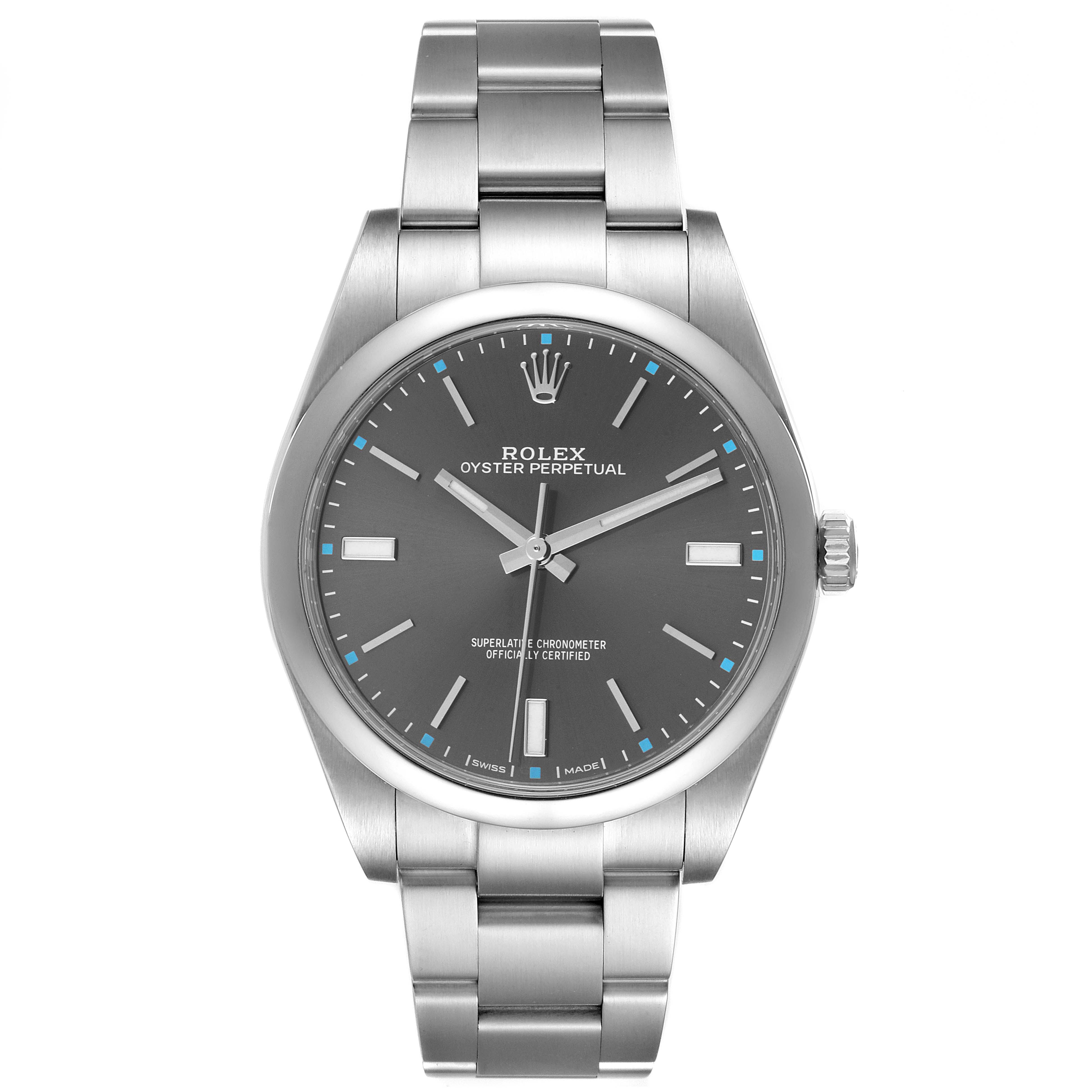 This image shows a front view of the Rolex Oyster Perpetual 114300 Men's Stainless Steel Grey Dial 114300 Men's Stainless Steel Grey Dial watch, displaying its face, dial, and bracelet.