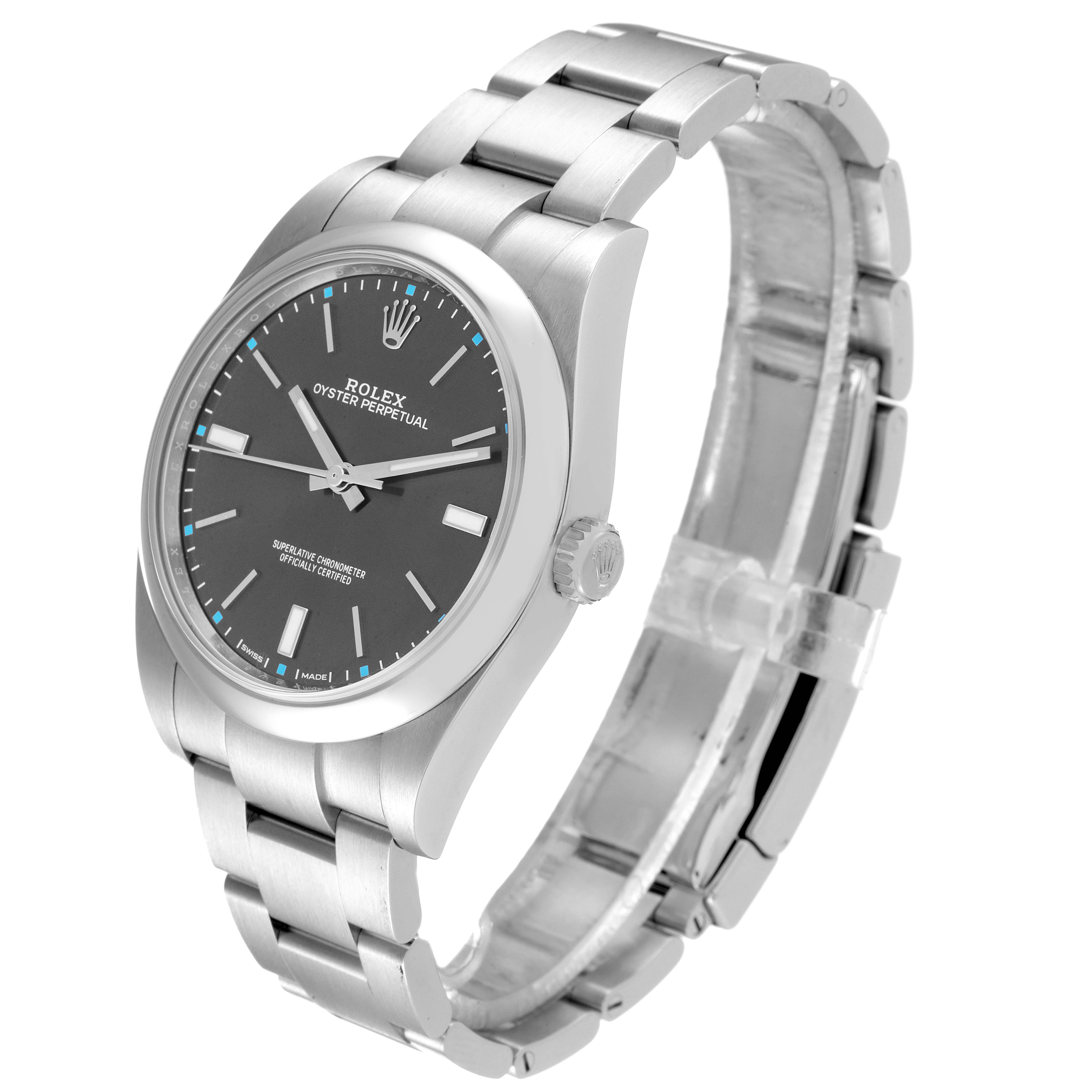 The image shows a Rolex Oyster Perpetual 114300 Men's Stainless Steel Grey Dial 114300 Men's Stainless Steel Grey Dial watch at an angle, highlighting the face, bezel, crown, and bracelet.