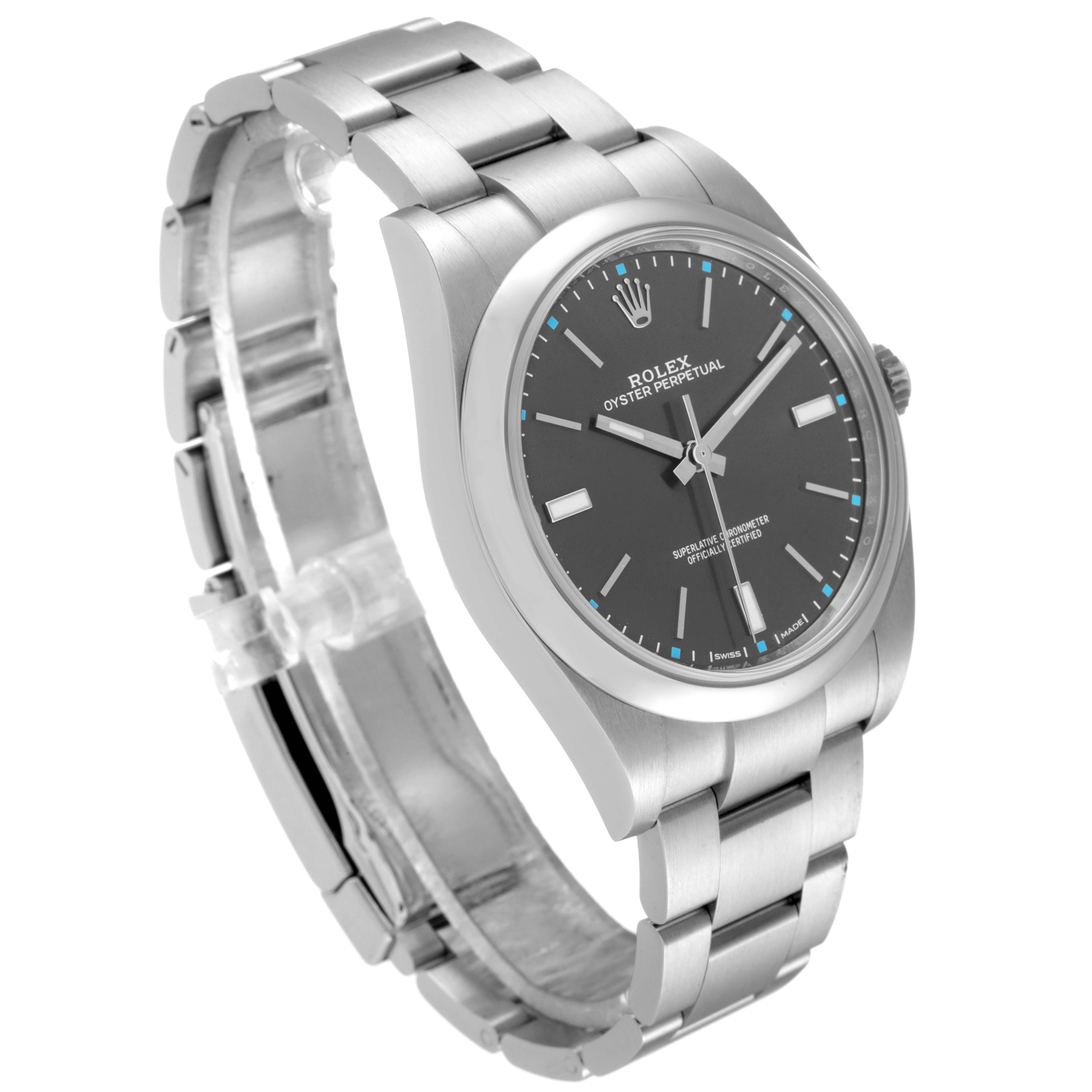 The image shows a side angle of a Rolex Oyster Perpetual 114300 Men's Stainless Steel Grey Dial 114300 Men's Stainless Steel Grey Dial watch, highlighting the case, dial, bracelet, and clasp.